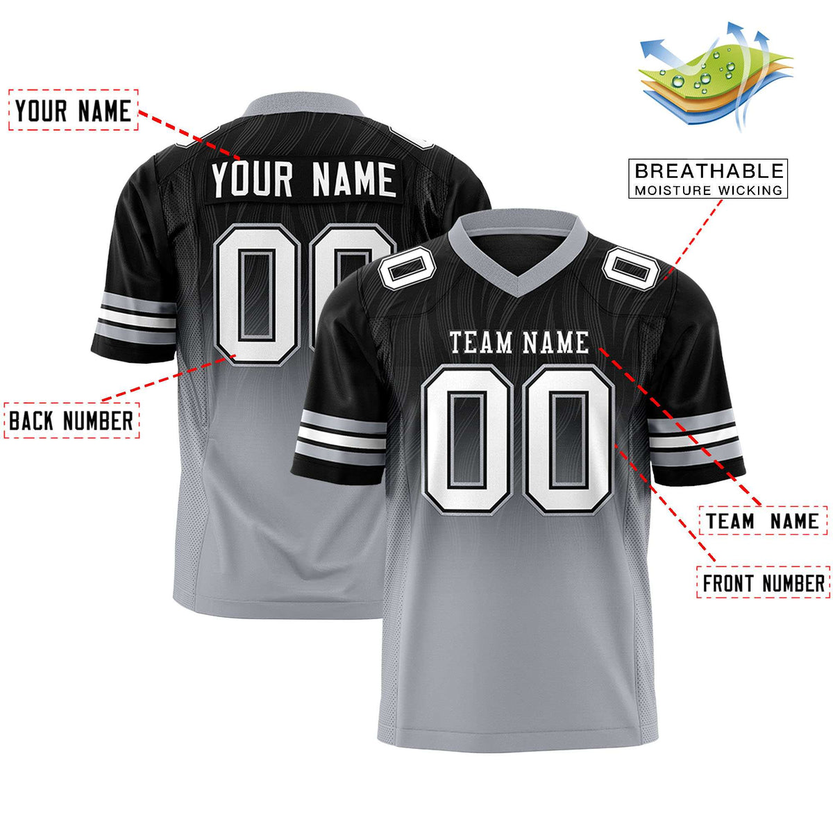 Custom Black Gray Gradient Fashion Outdoor Flag Football Jersey