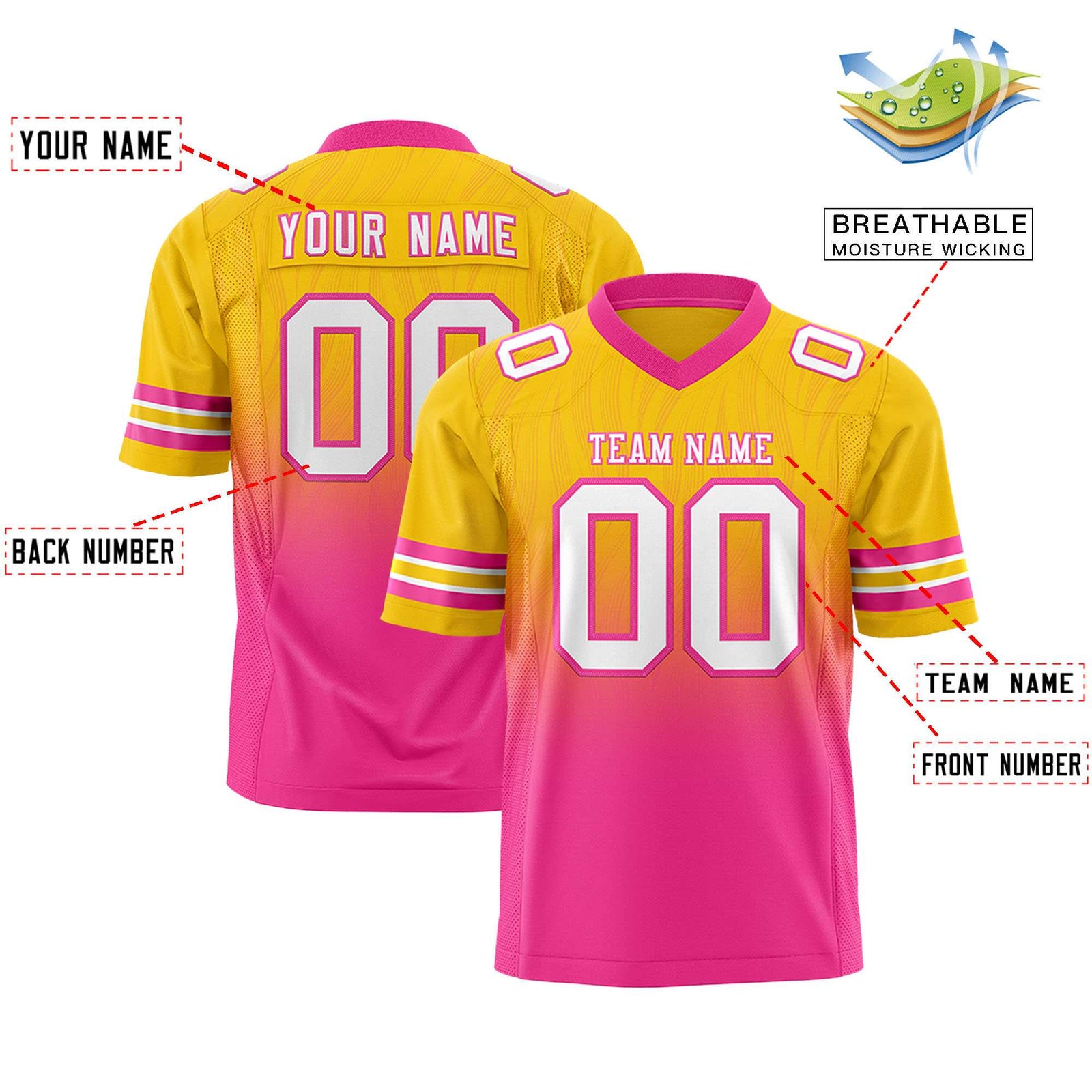 Custom Gold Pink Gradient Fashion Outdoor Flag Football Jersey