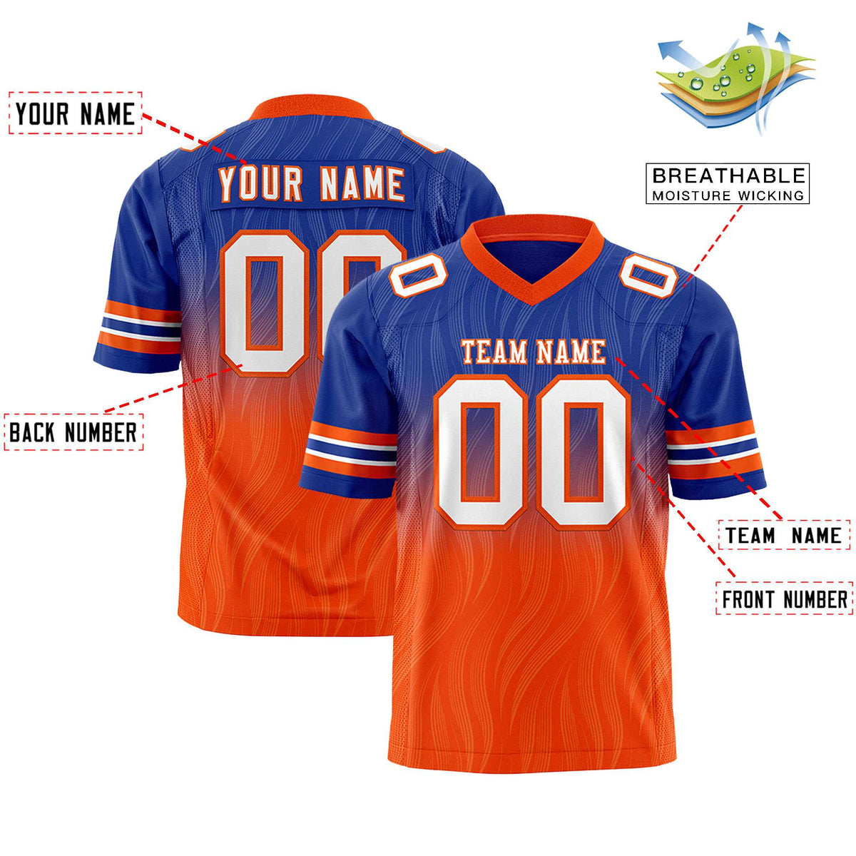 Custom Royal Orange Gradient Fashion Outdoor Flag Football Jersey