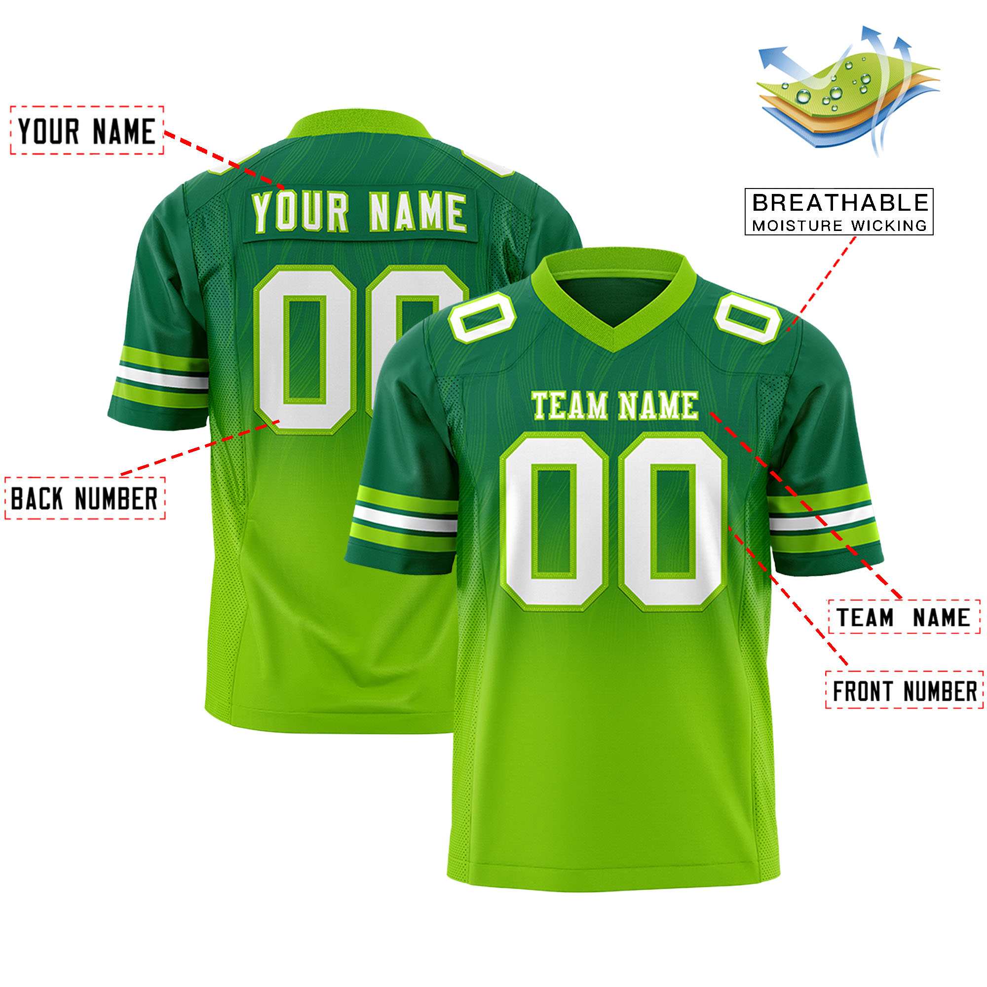 Custom Kelly Green Neon Green Gradient Fashion Outdoor Flag Football Jersey
