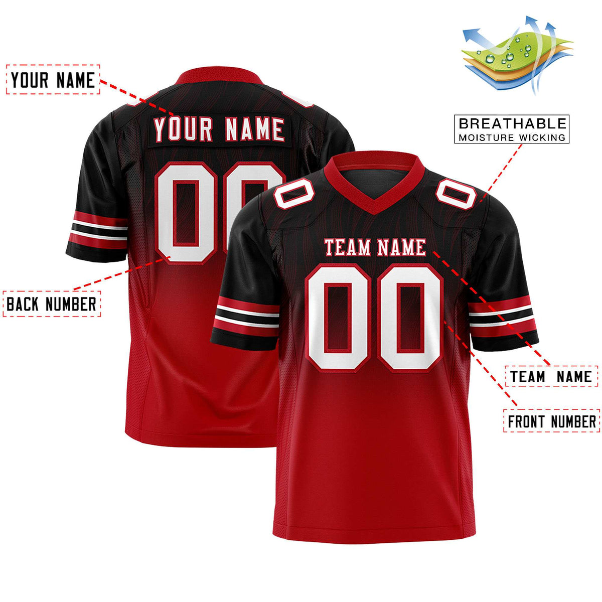Custom Black Red Gradient Fashion Outdoor Flag Football Jersey