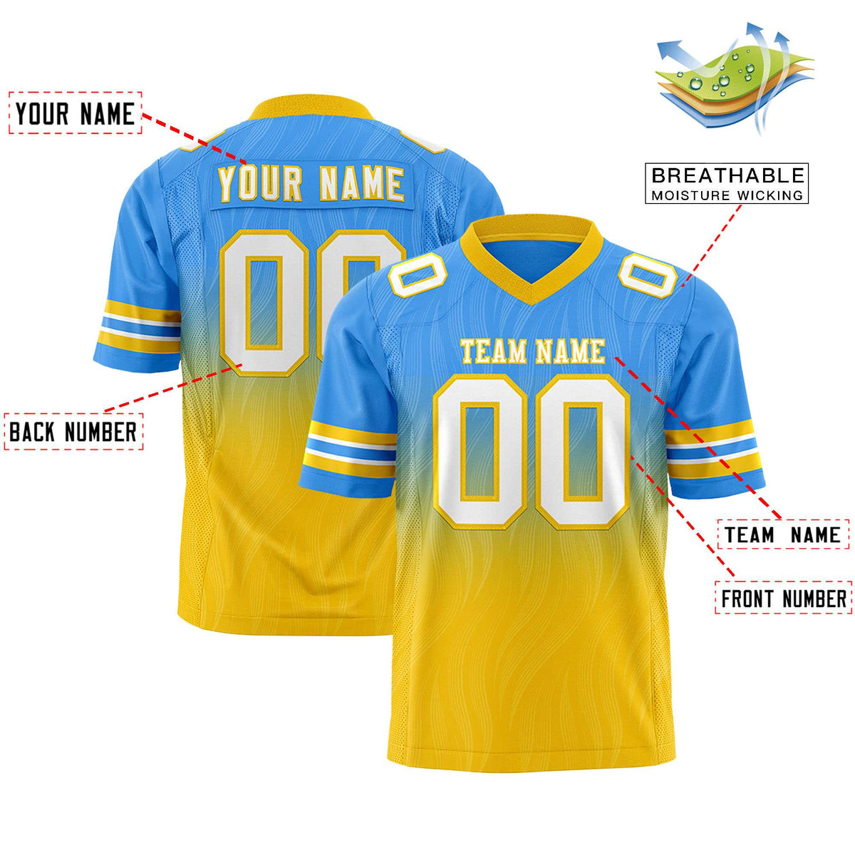 Custom Powder Blue Gold Gradient Fashion Outdoor Flag Football Jersey