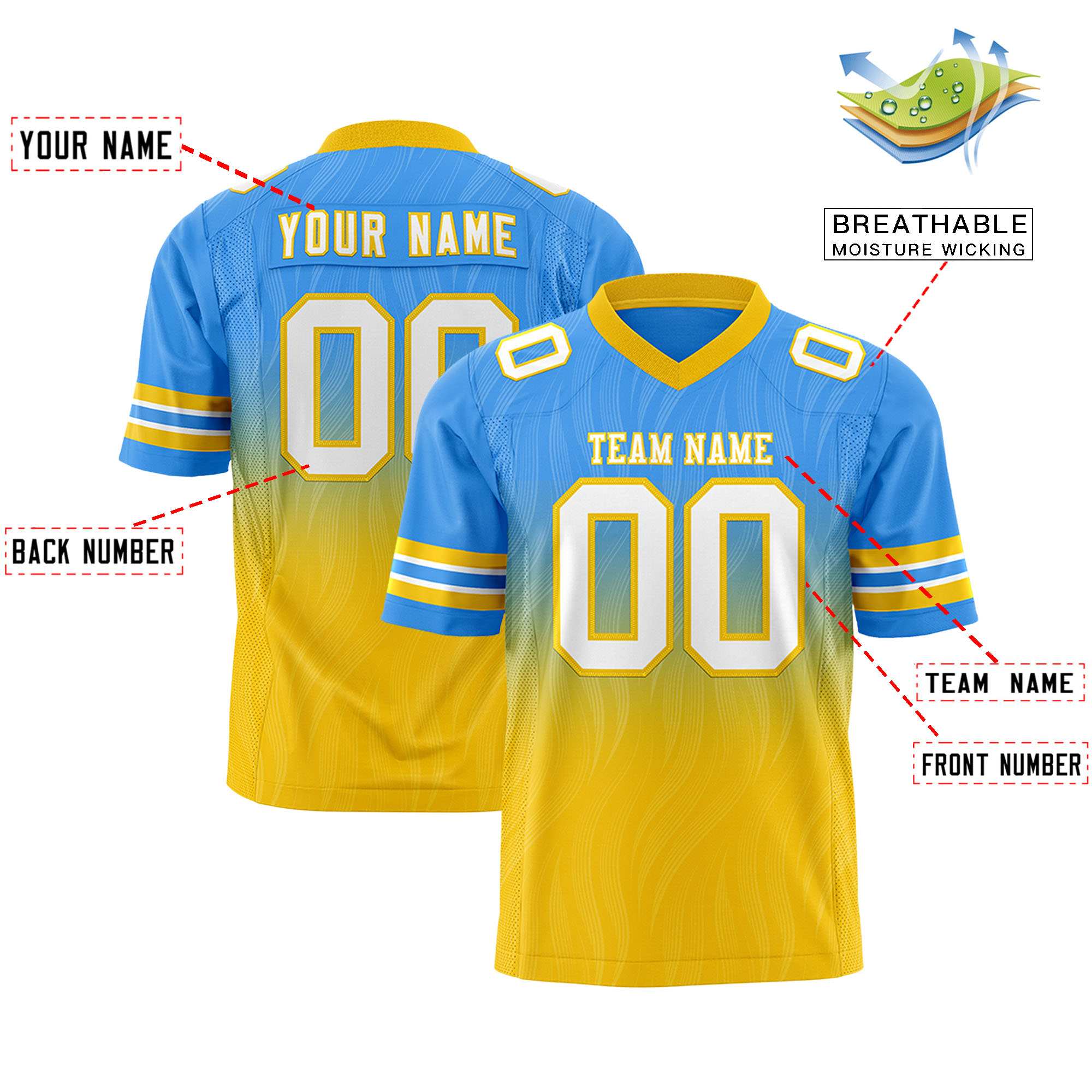 Custom Powder Blue Gold Gradient Fashion Outdoor Flag Football Jersey