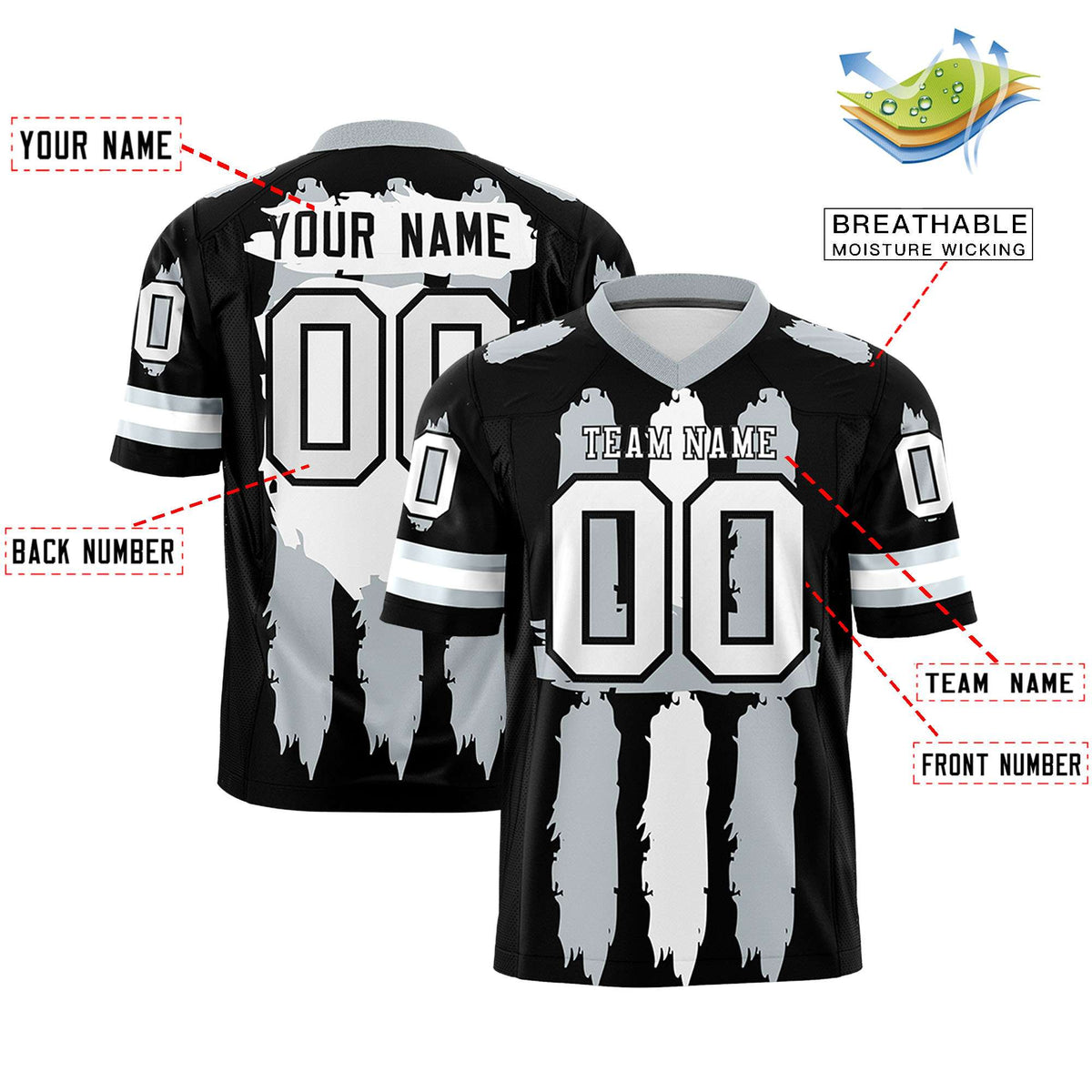 Custom Black Silver and White Graffiti Pattern Flag Football Jerseys