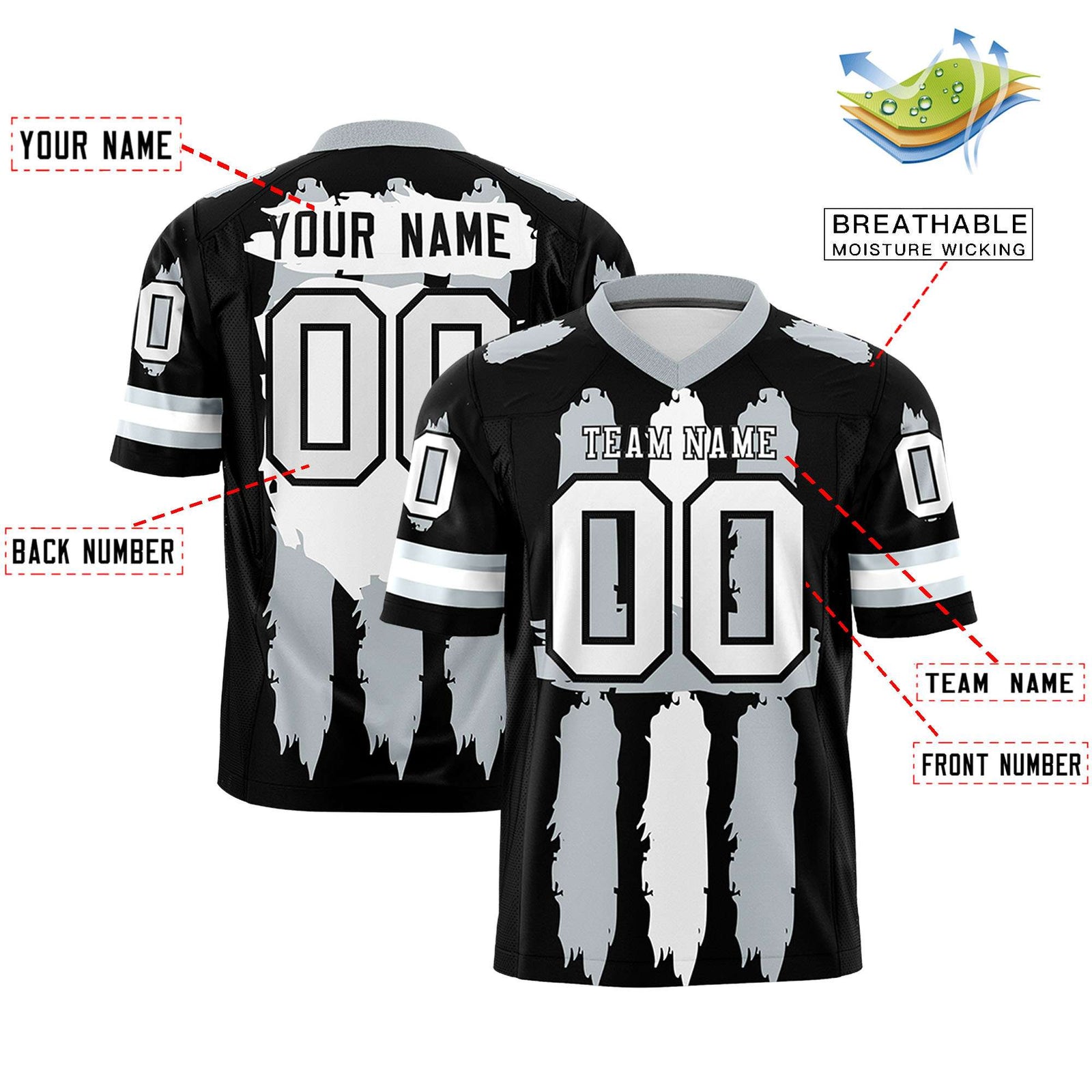 Custom Black Silver and White Graffiti Pattern Flag Football Jerseys