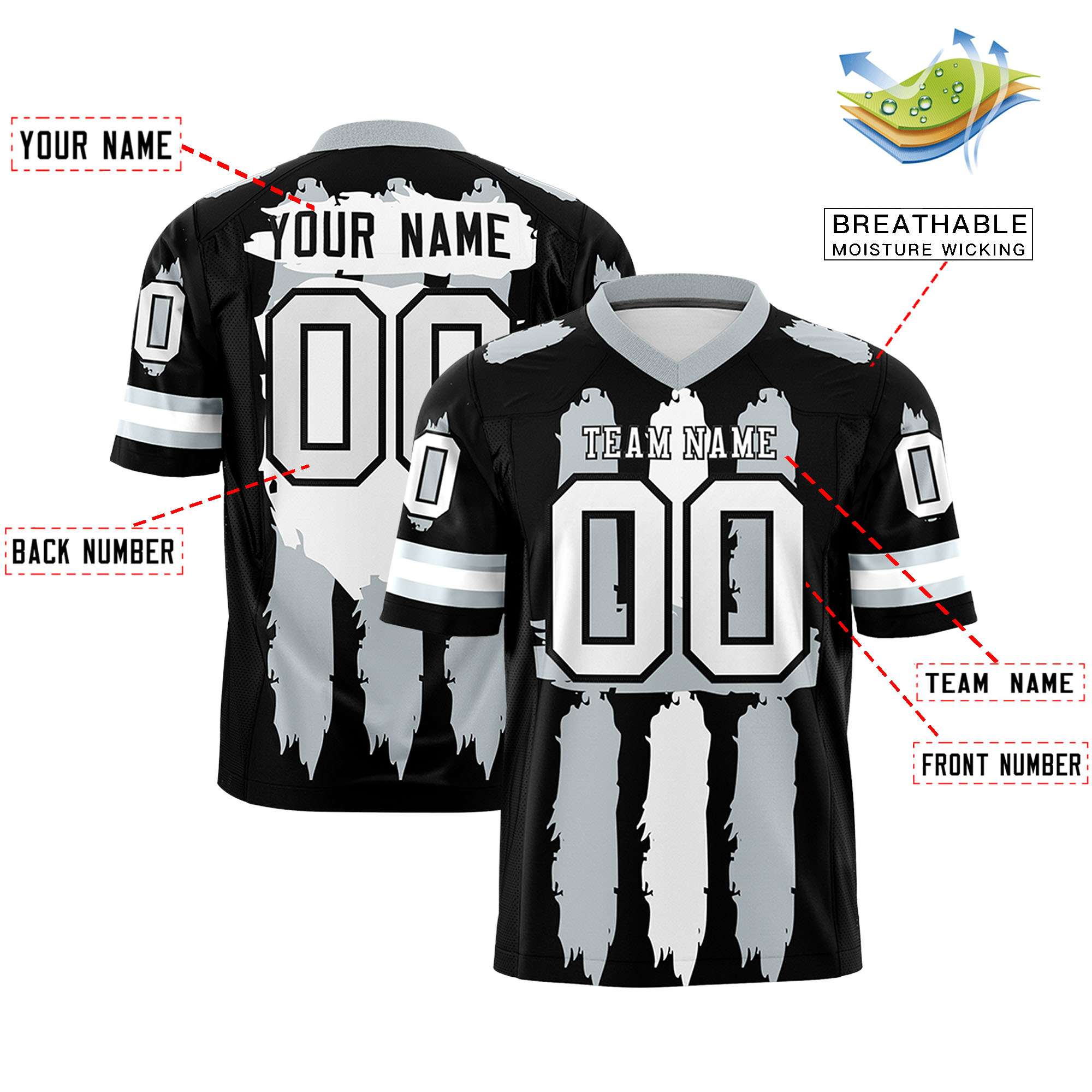 Custom Black Silver and White Graffiti Pattern Flag Football Jerseys