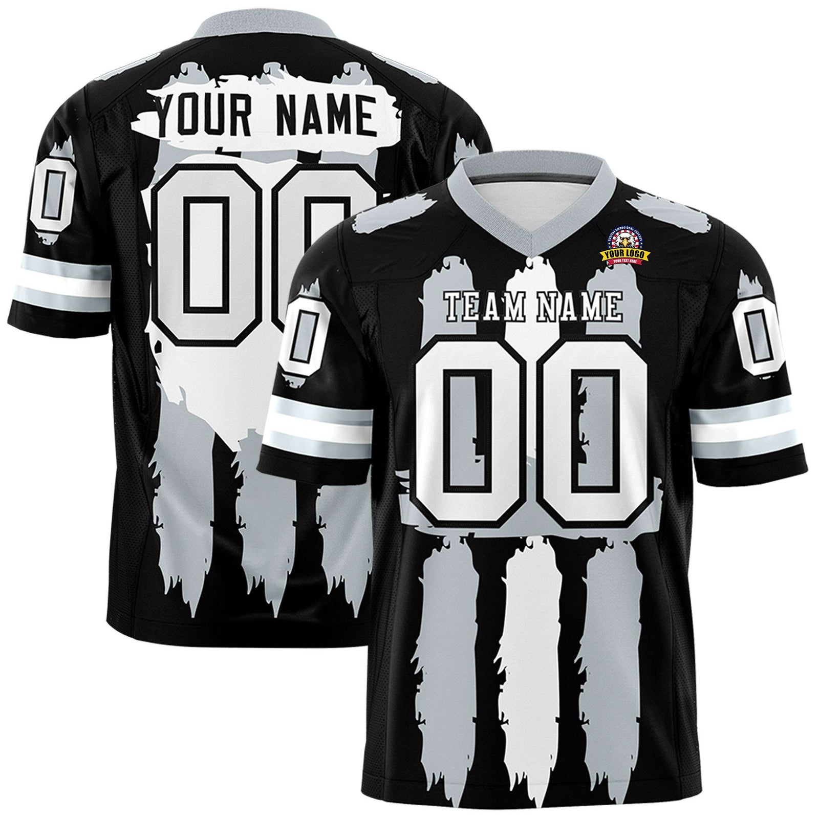 Custom Black Silver and White Graffiti Pattern Flag Football Jerseys