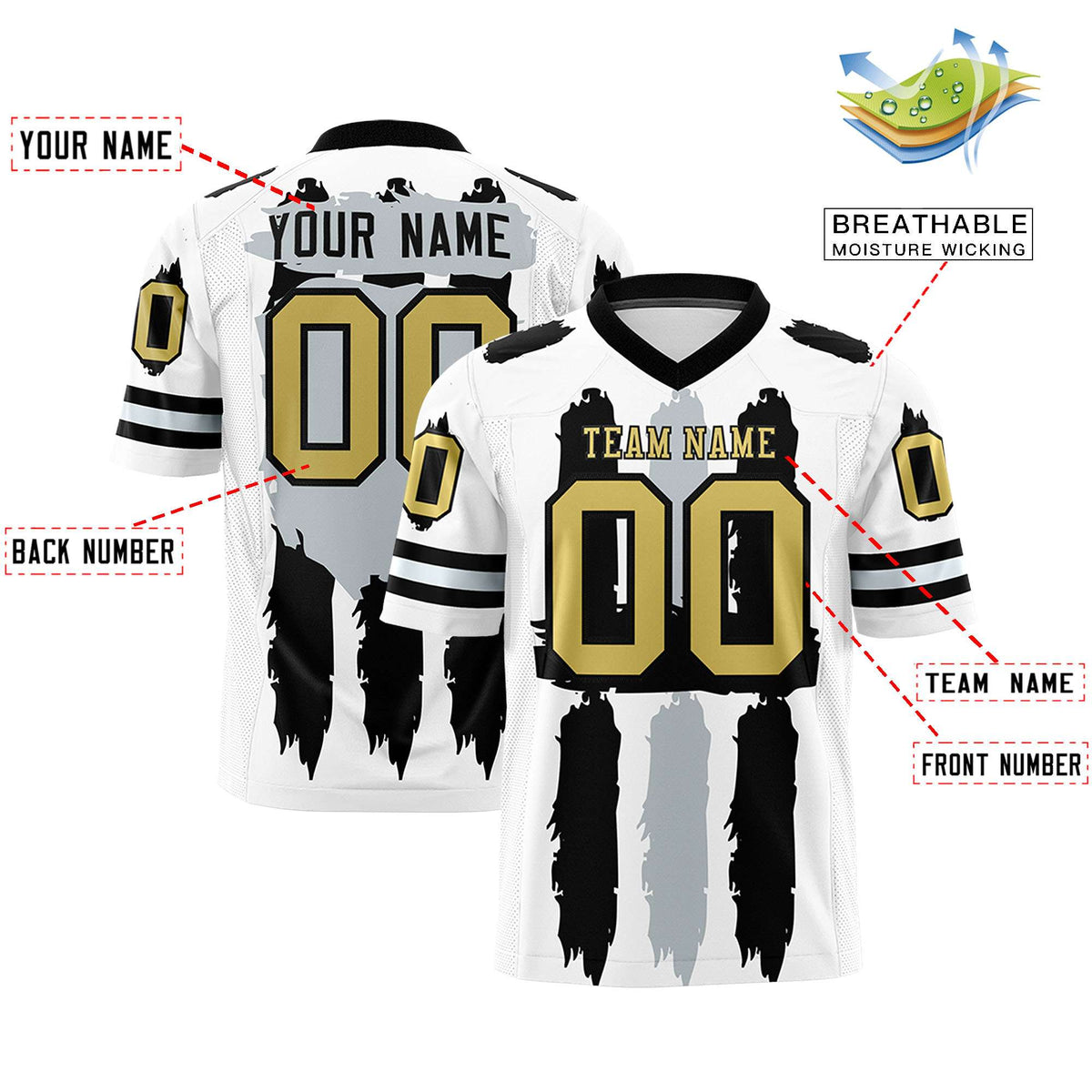 Custom White Black and Silver Graffiti Pattern Flag Football Jerseys