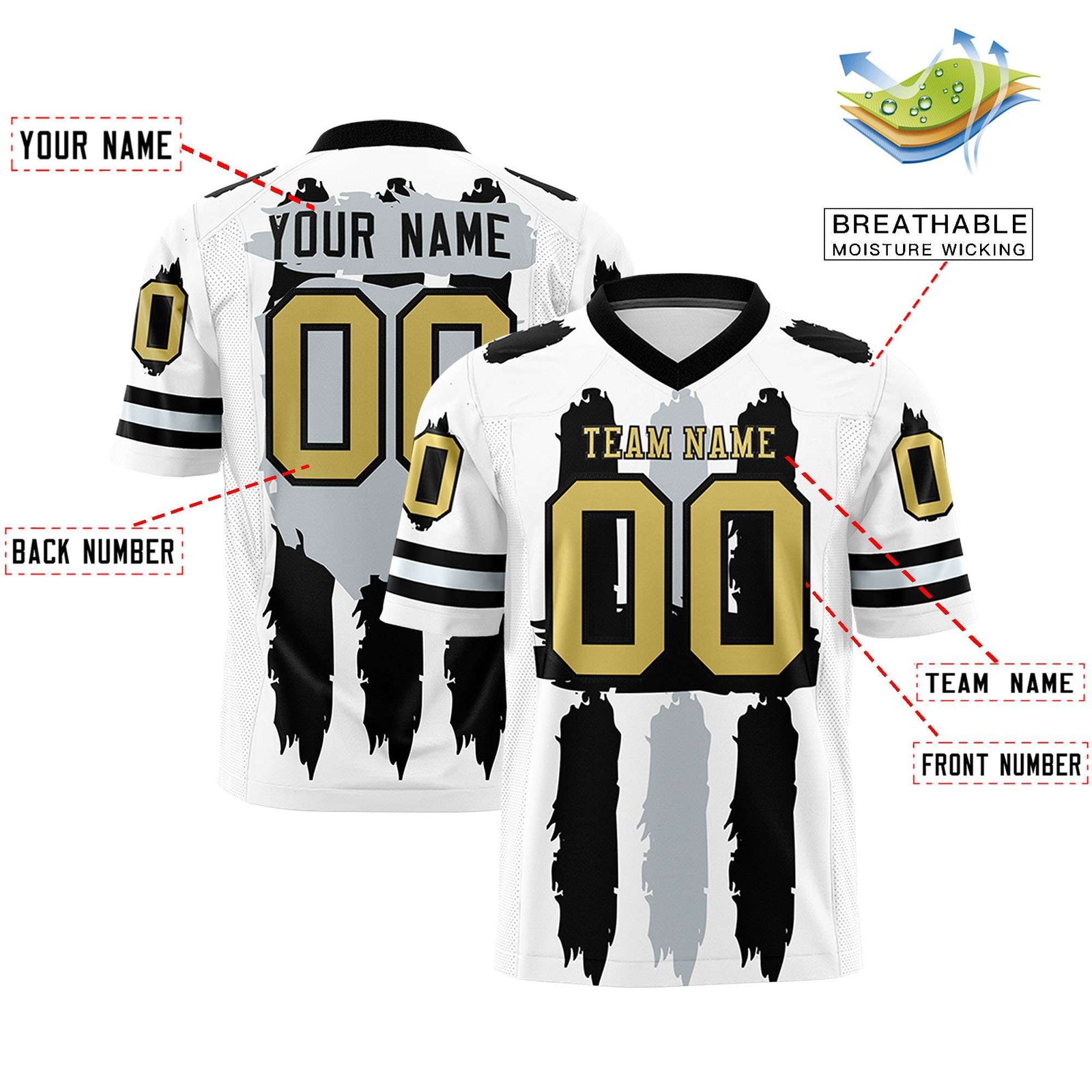 Custom White Black and Silver Graffiti Pattern Flag Football Jerseys