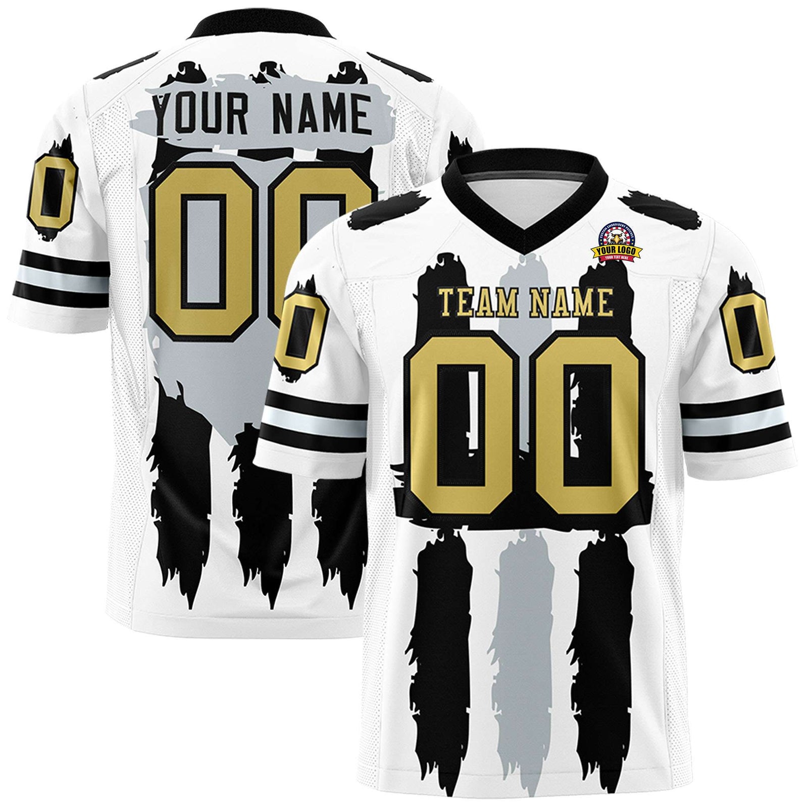 Custom White Black and Silver Graffiti Pattern Flag Football Jerseys