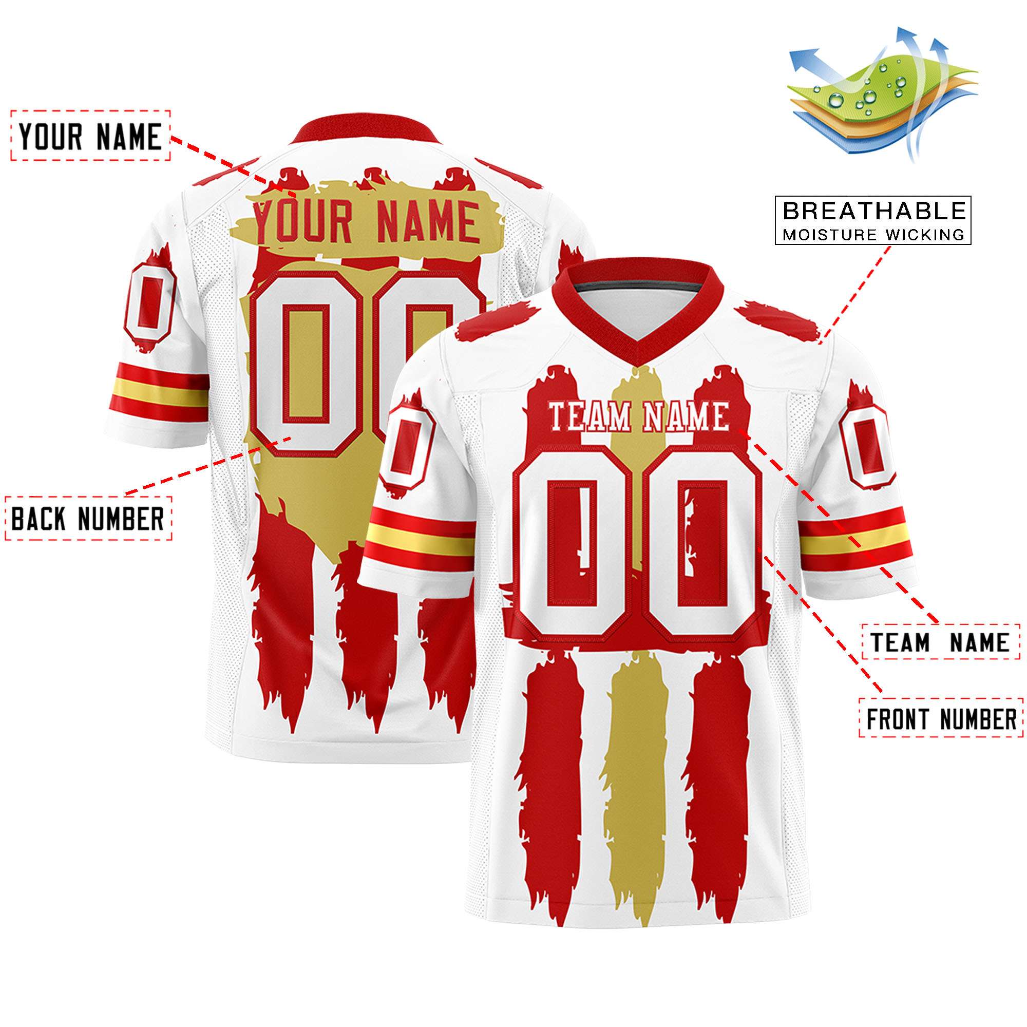 Custom White Red and Old Gold Graffiti Pattern Flag Football Jerseys