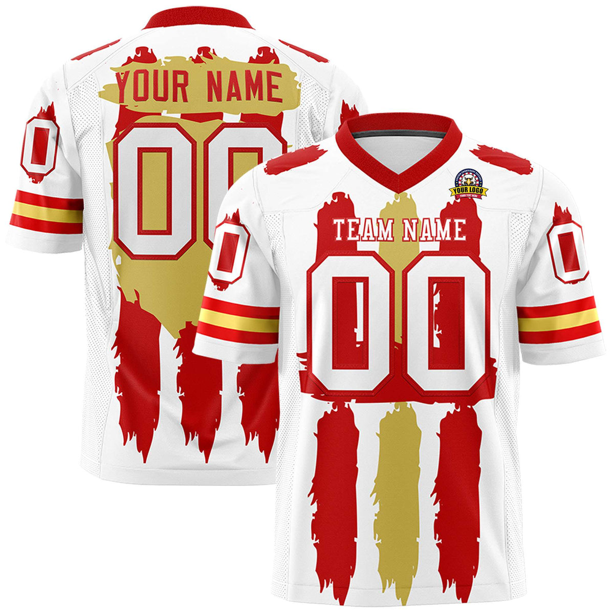 Custom White Red and Old Gold Graffiti Pattern Flag Football Jerseys