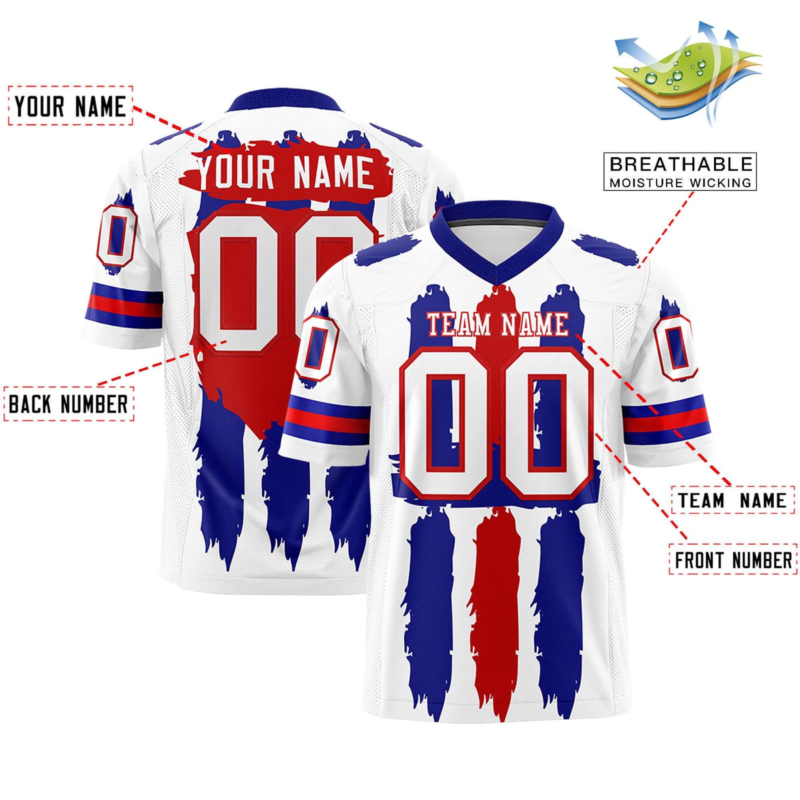 Custom White Royal and Red Graffiti Pattern Flag Football Jerseys