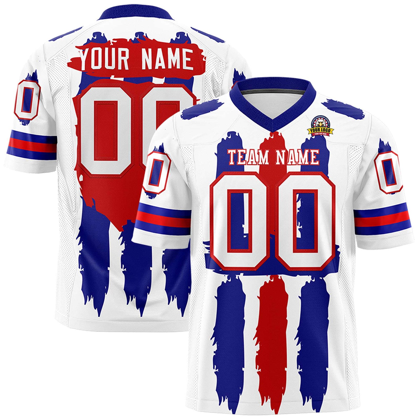 Custom White Royal and Red Graffiti Pattern Flag Football Jerseys