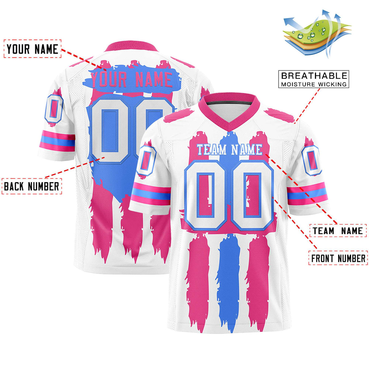 Custom White Pink and Powder Blue Graffiti Pattern Flag Football Jerseys