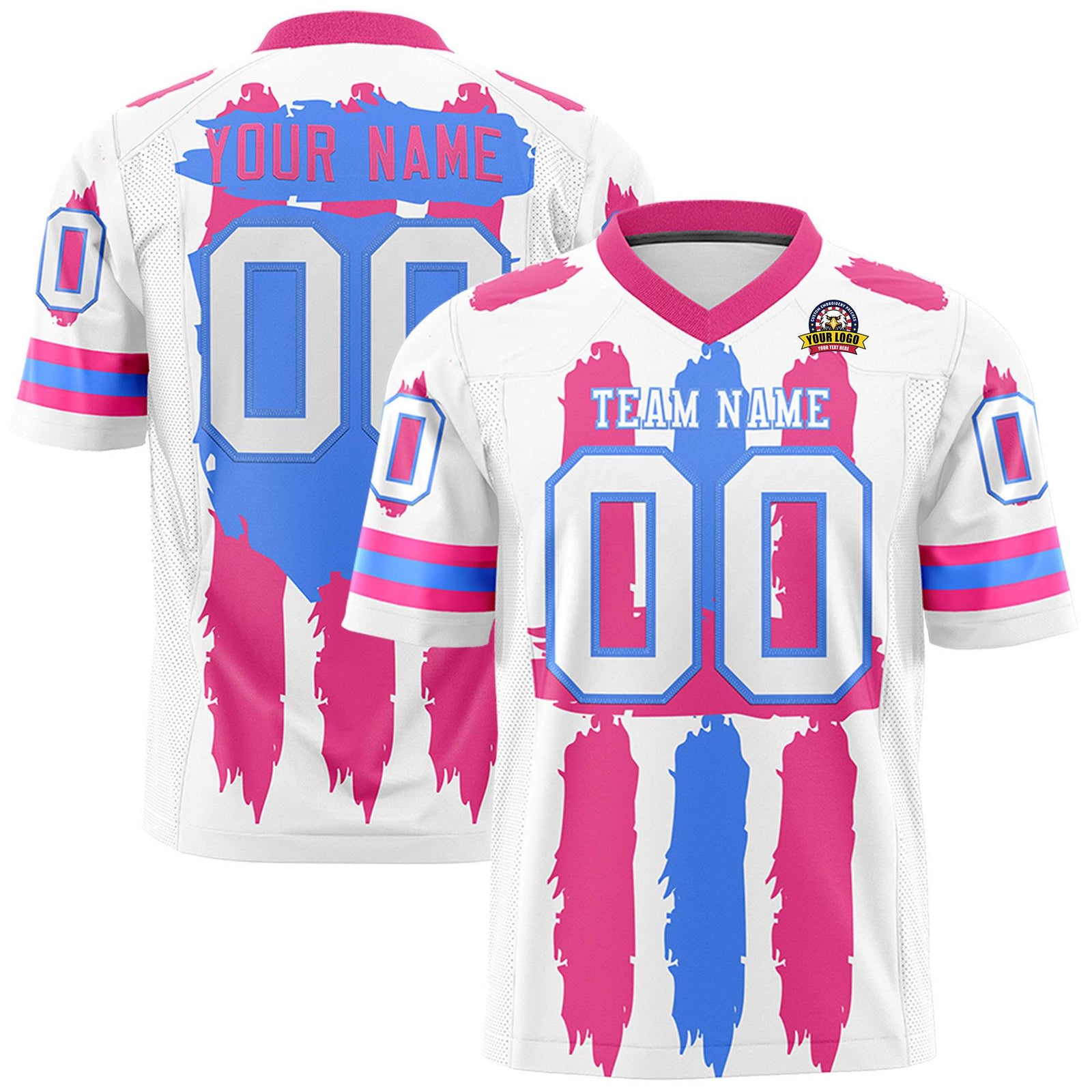 Custom White Pink and Powder Blue Graffiti Pattern Flag Football Jerseys