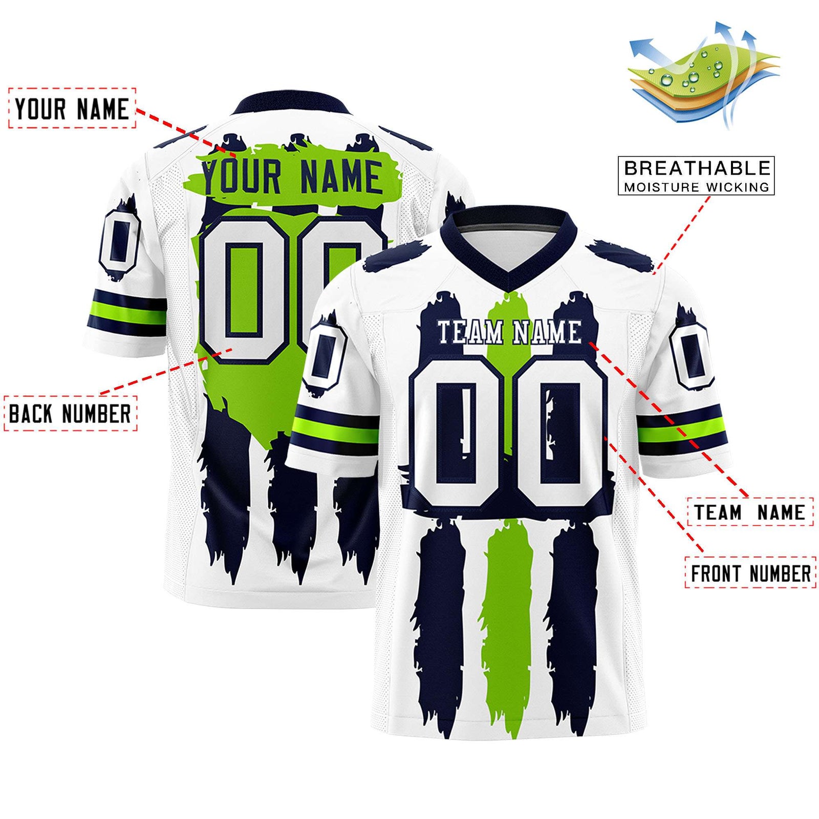 Custom White Navy and Neon Green Graffiti Pattern Flag Football Jerseys