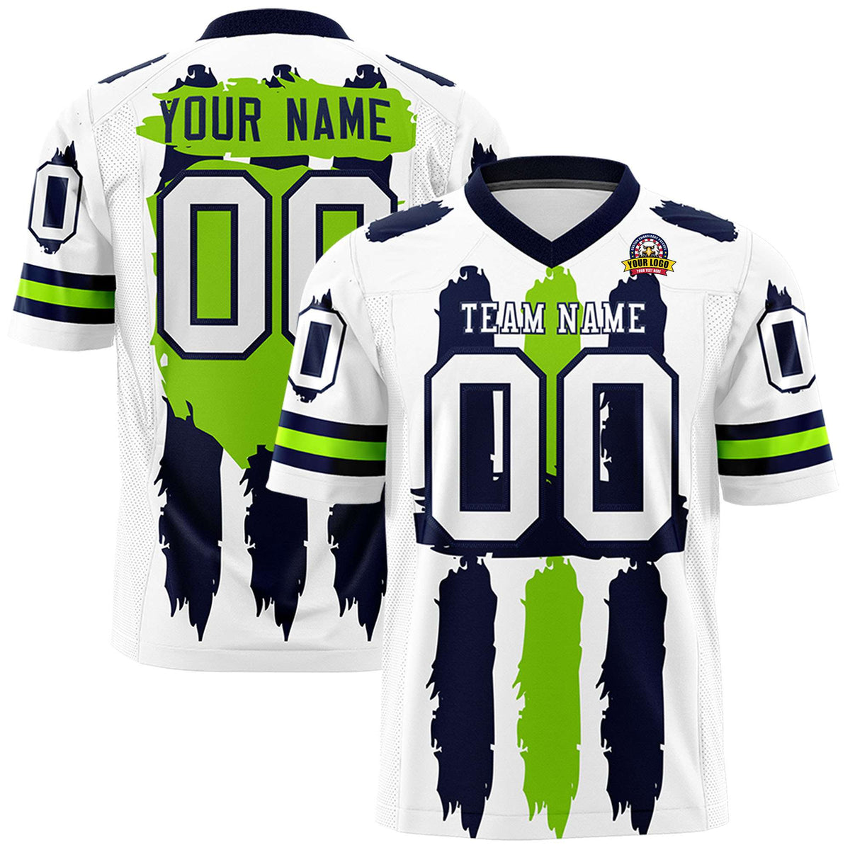 Custom White Navy and Neon Green Graffiti Pattern Flag Football Jerseys