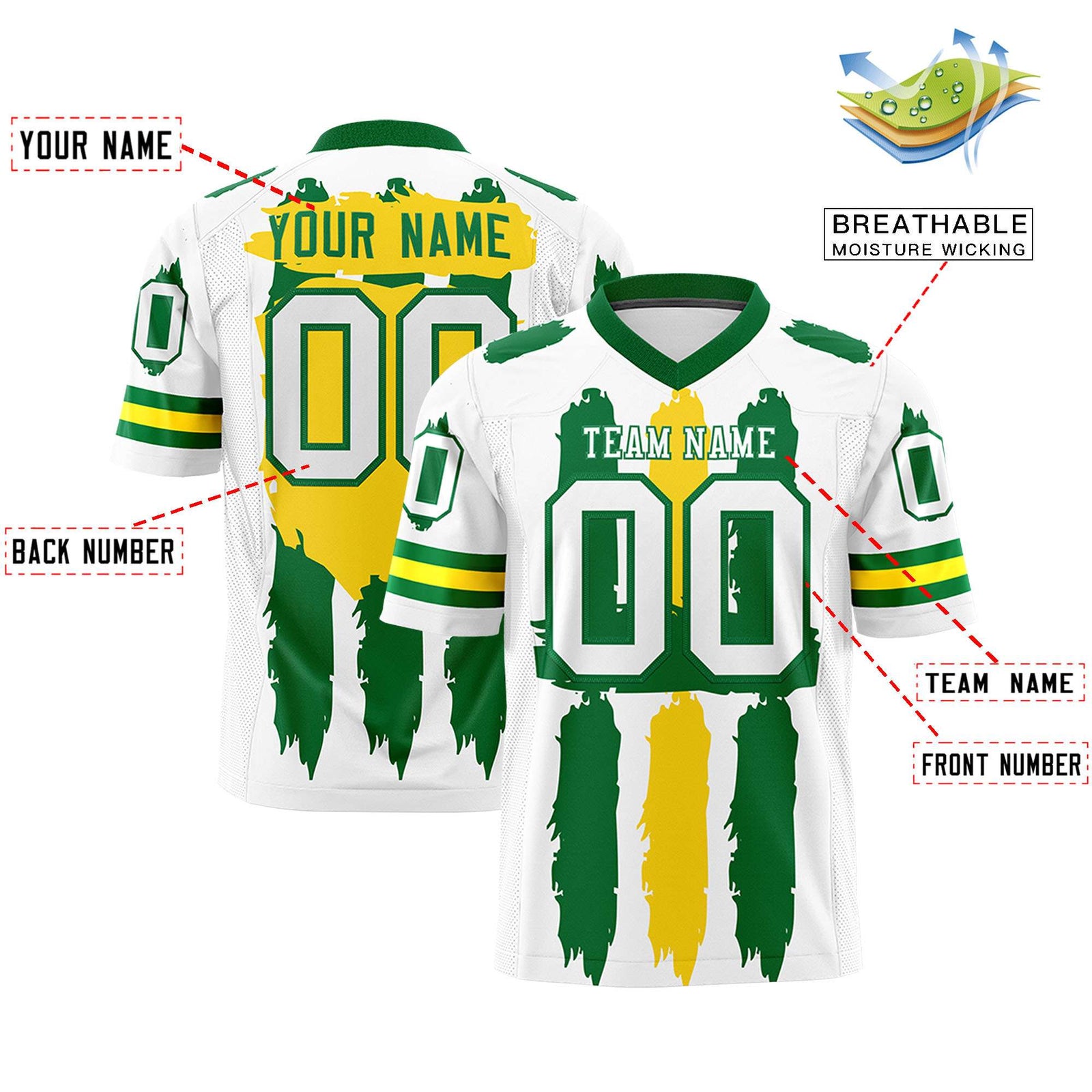 Custom White Kelly Green and Gold Graffiti Pattern Flag Football Jerseys