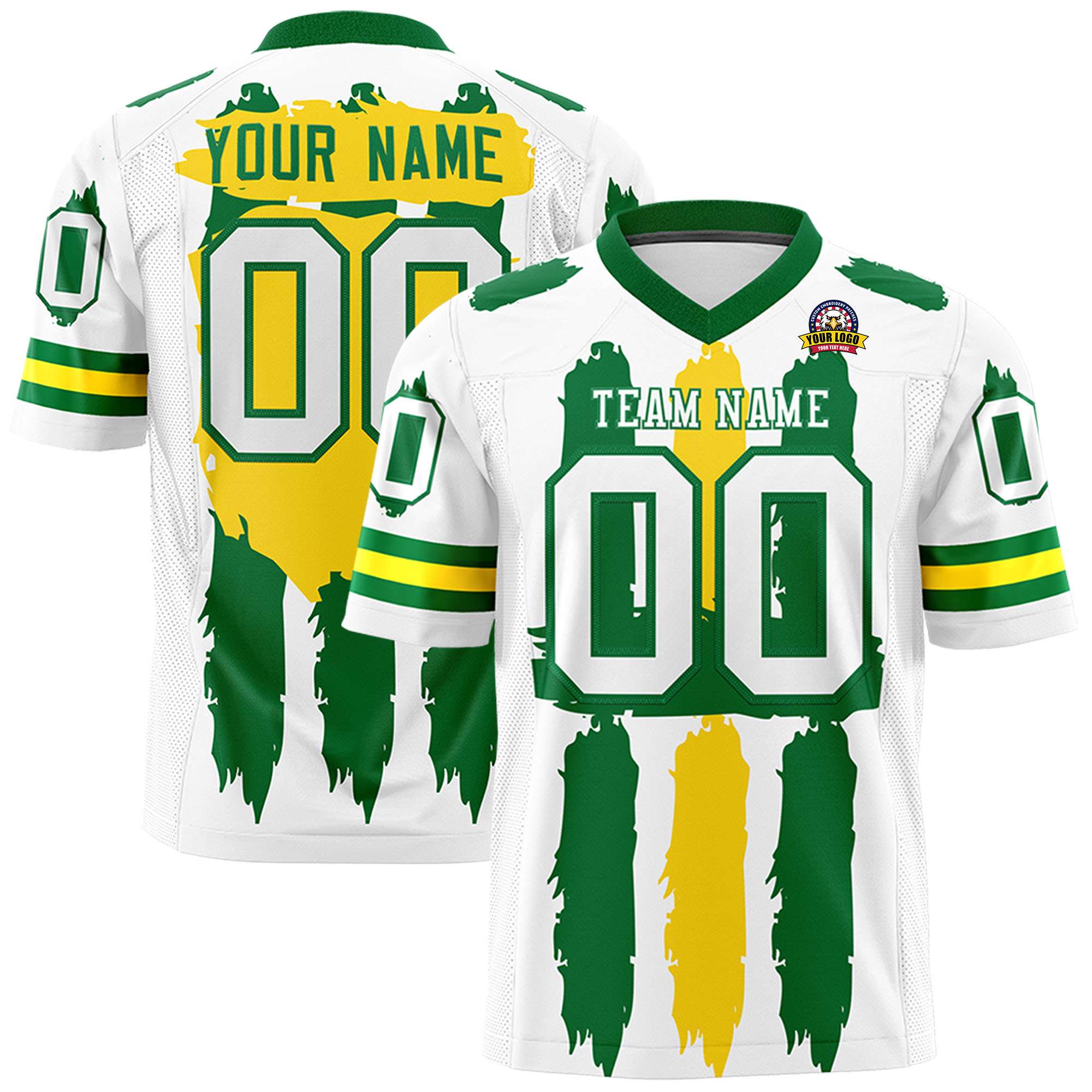 Custom White Kelly Green and Gold Graffiti Pattern Flag Football Jerseys
