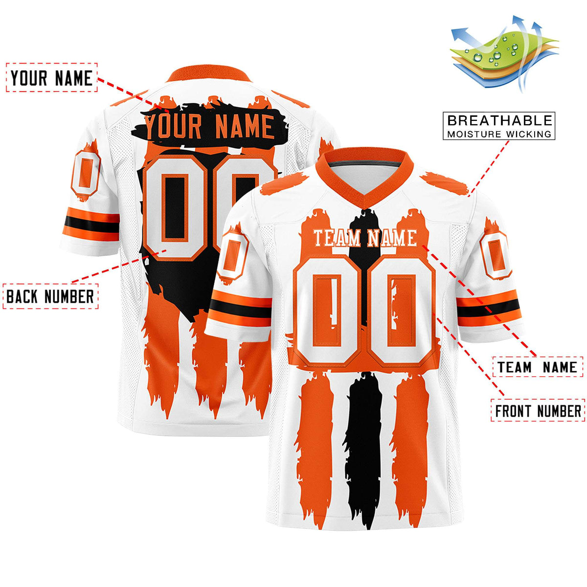 Custom White Orange and Black Graffiti Pattern Flag Football Jerseys