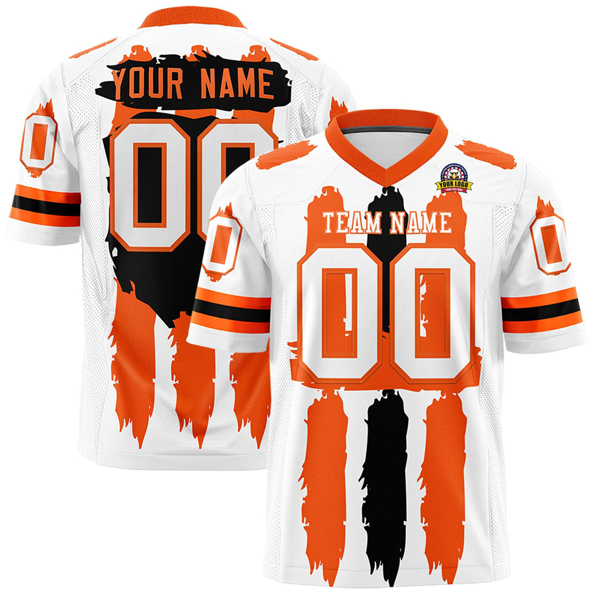 Custom White Orange and Black Graffiti Pattern Flag Football Jerseys