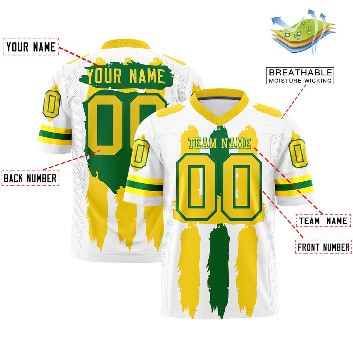 Custom White Gold and Kelly Green Graffiti Pattern Flag Football Jerseys