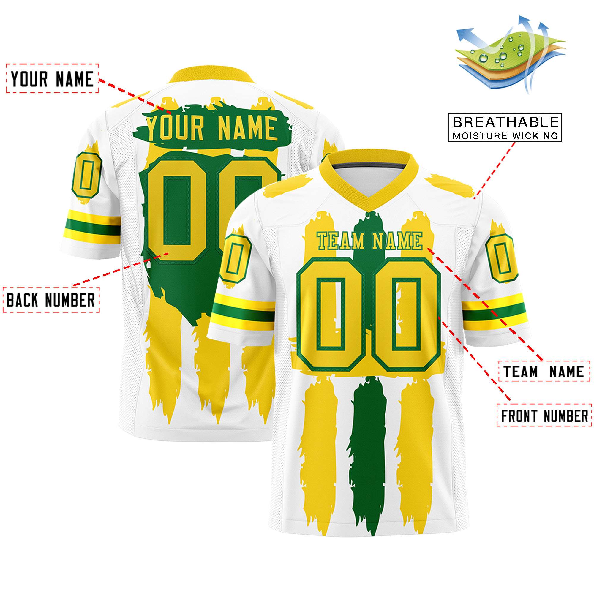 Custom White Gold and Kelly Green Graffiti Pattern Flag Football Jerseys