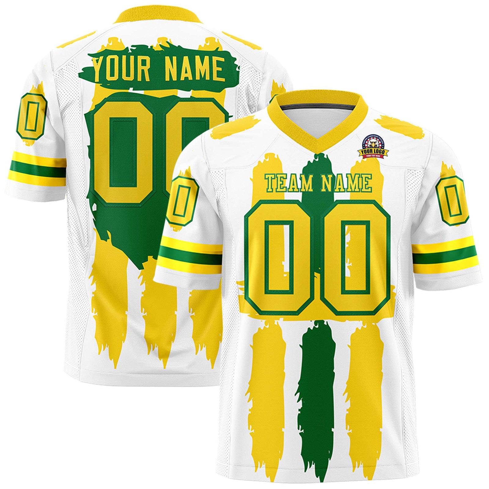 Custom White Gold and Kelly Green Graffiti Pattern Flag Football Jerseys