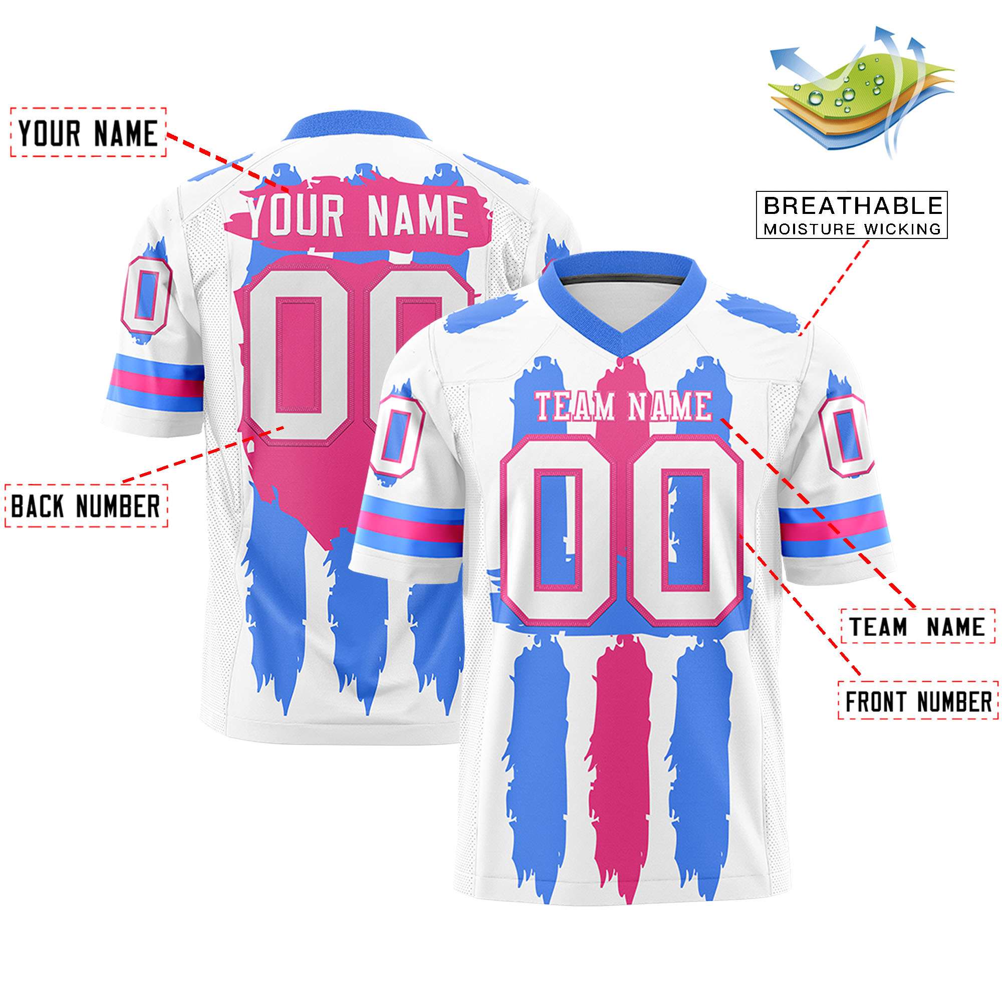 Custom White Powder Blue and Pink Graffiti Pattern Flag Football Jerseys