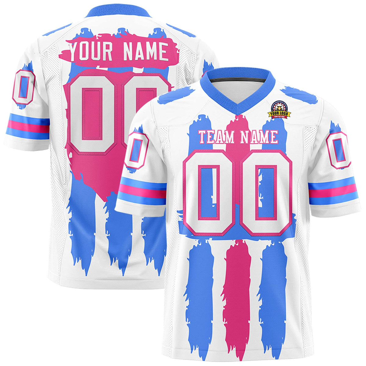 Custom White Powder Blue and Pink Graffiti Pattern Flag Football Jerseys