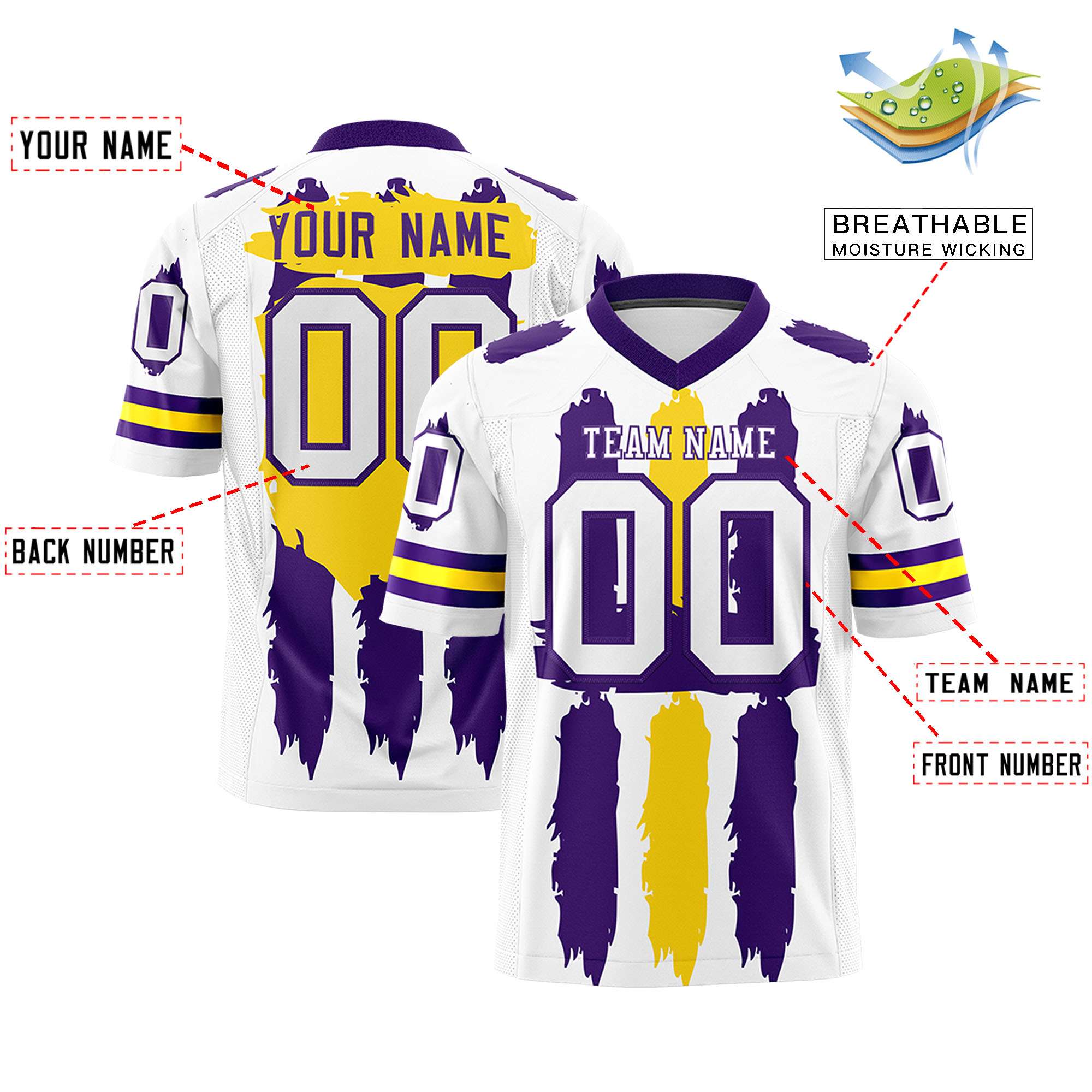 Custom White Purple and Gold Graffiti Pattern Flag Football Jerseys