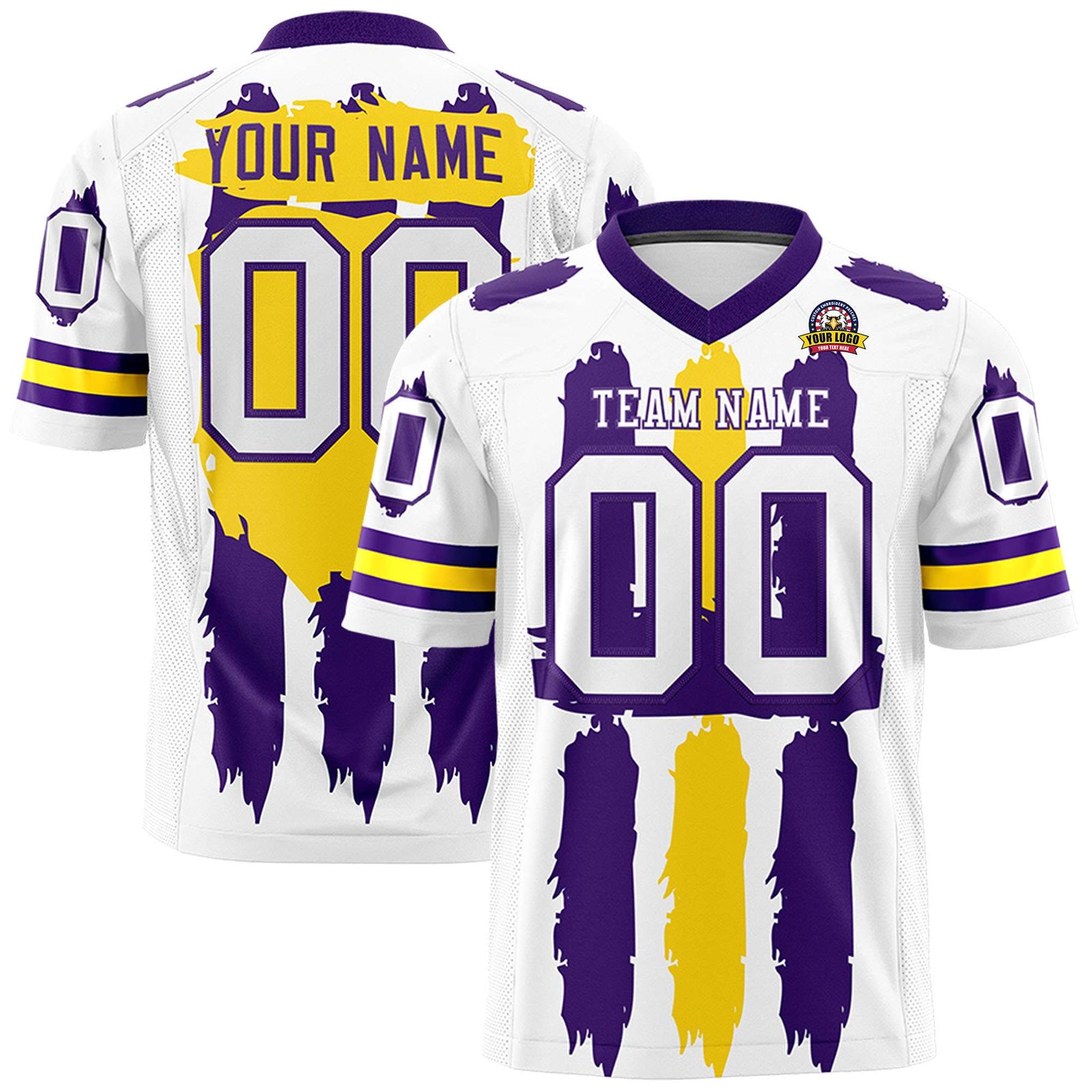 Custom White Purple and Gold Graffiti Pattern Flag Football Jerseys