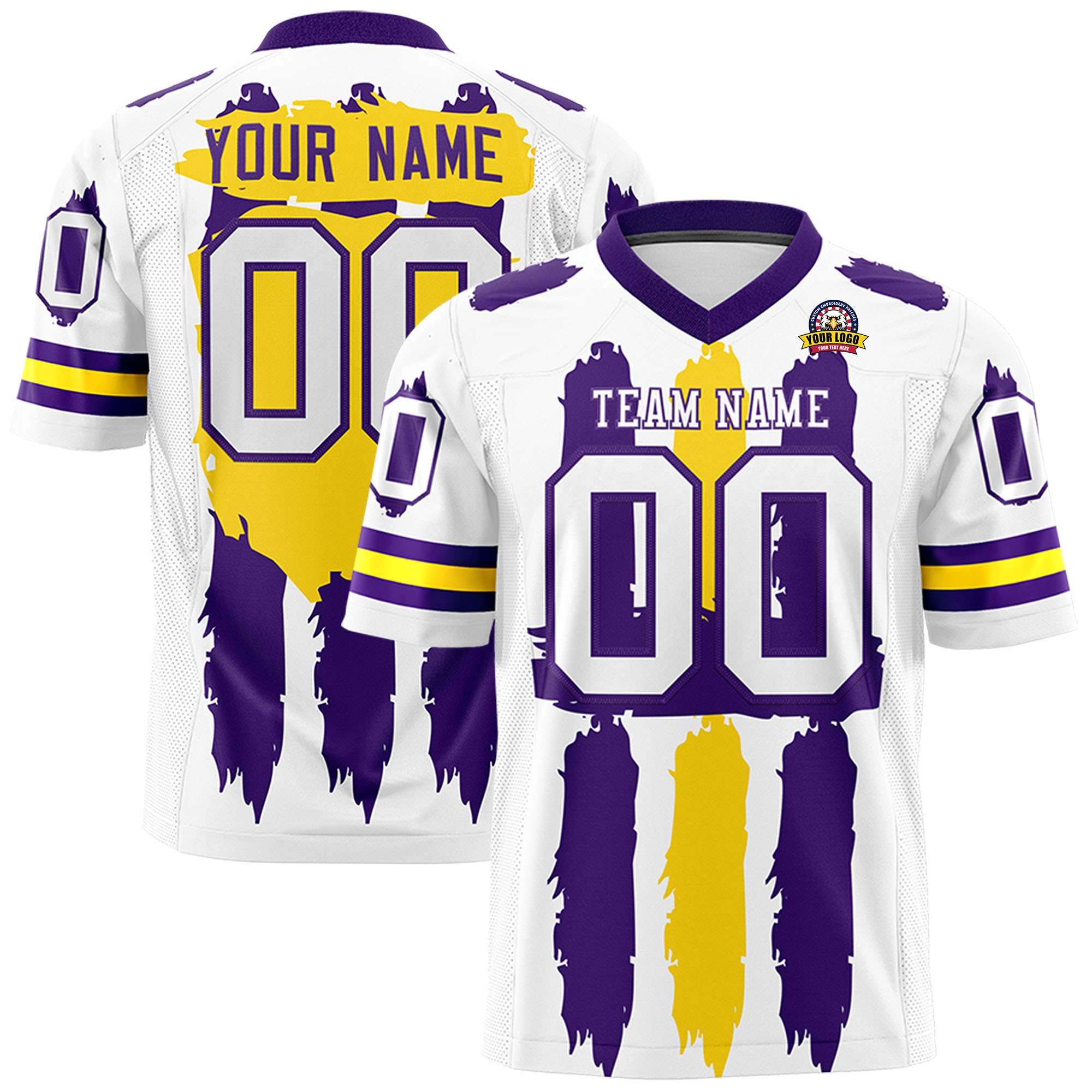 Custom White Purple and Gold Graffiti Pattern Flag Football Jerseys