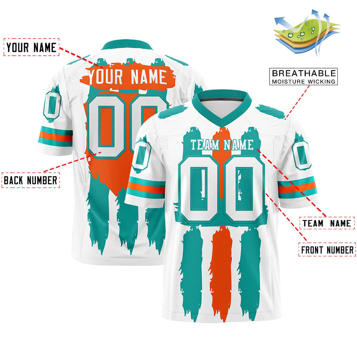 Custom White Aqua and Orange Graffiti Pattern Flag Football Jerseys