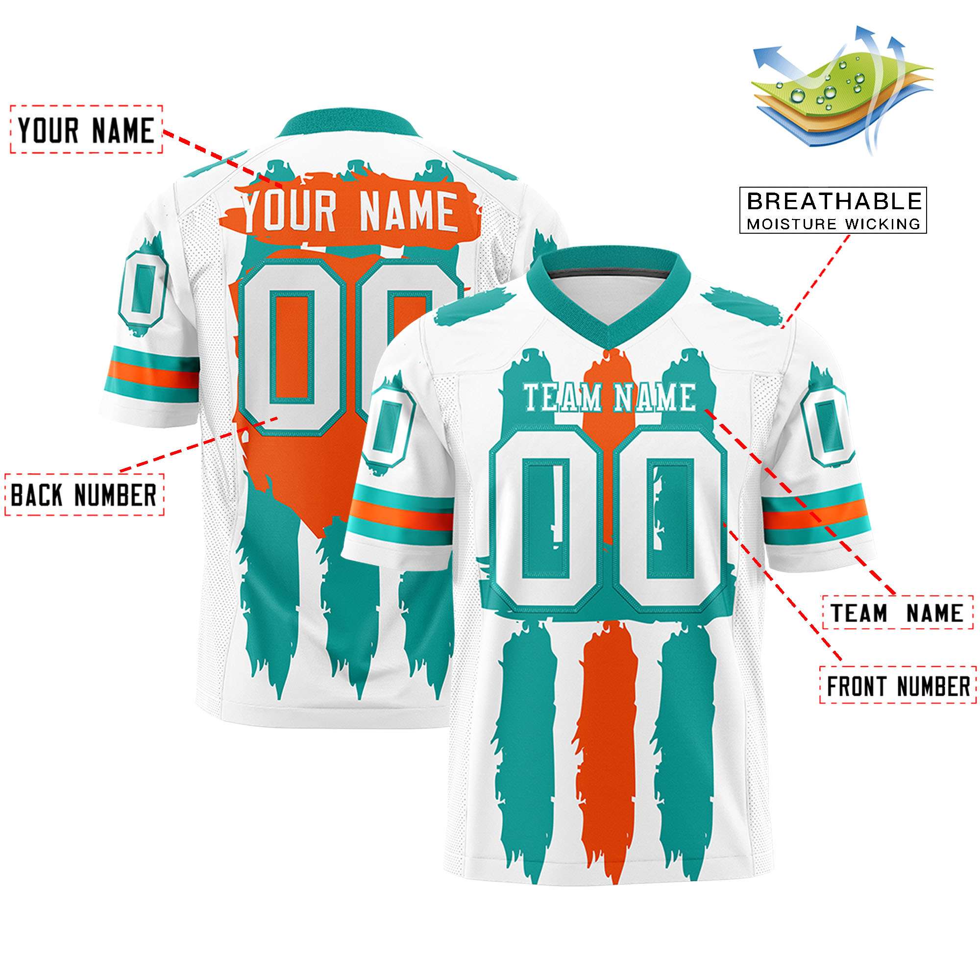 Custom White Aqua and Orange Graffiti Pattern Flag Football Jerseys