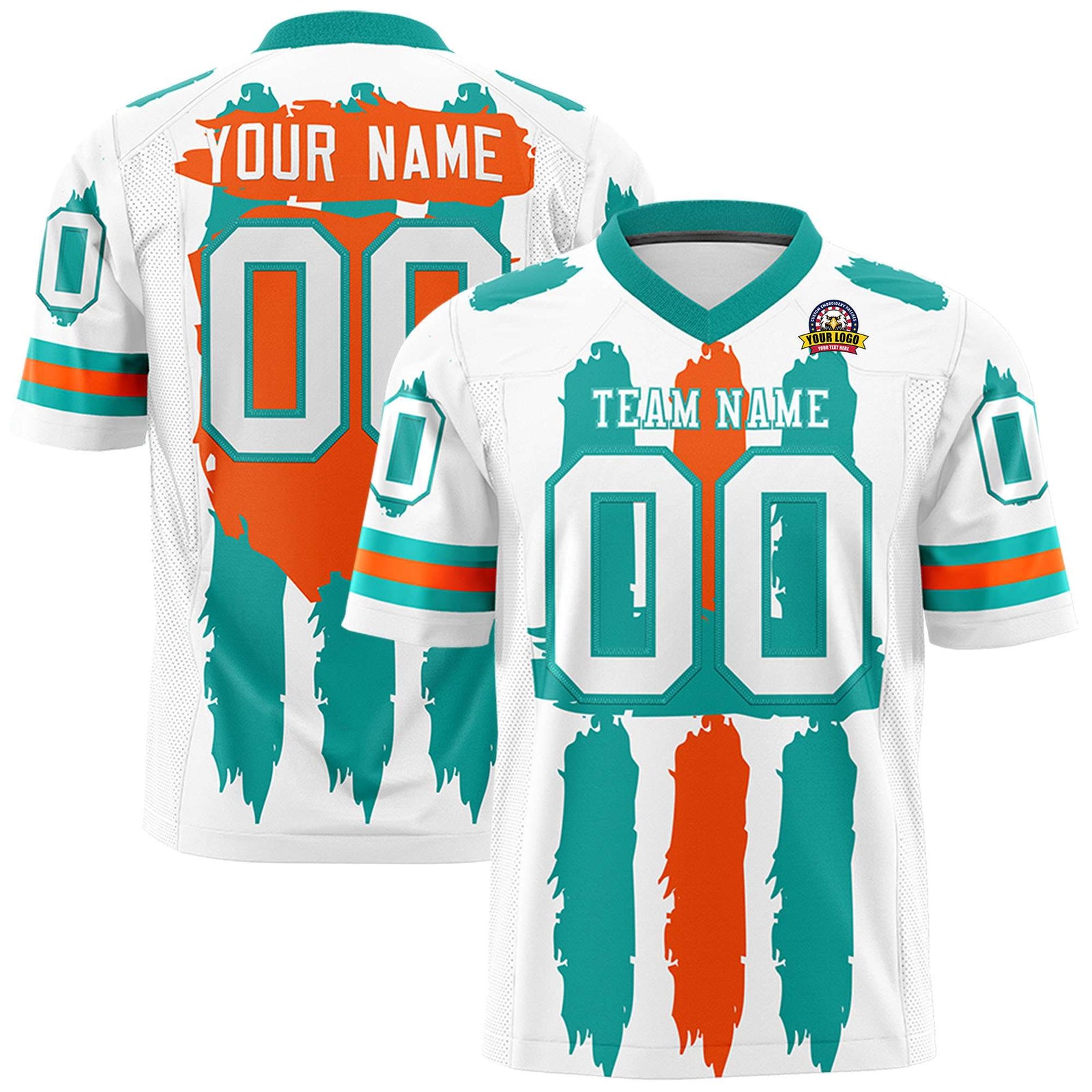 Custom White Aqua and Orange Graffiti Pattern Flag Football Jerseys