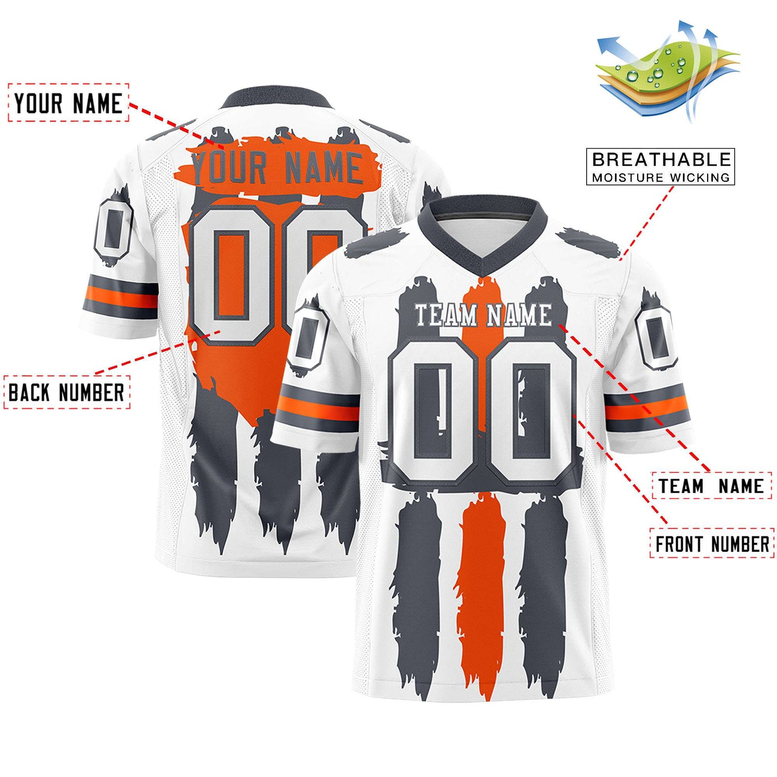 Custom White Dark Gray and Orange Graffiti Pattern Flag Football Jerseys