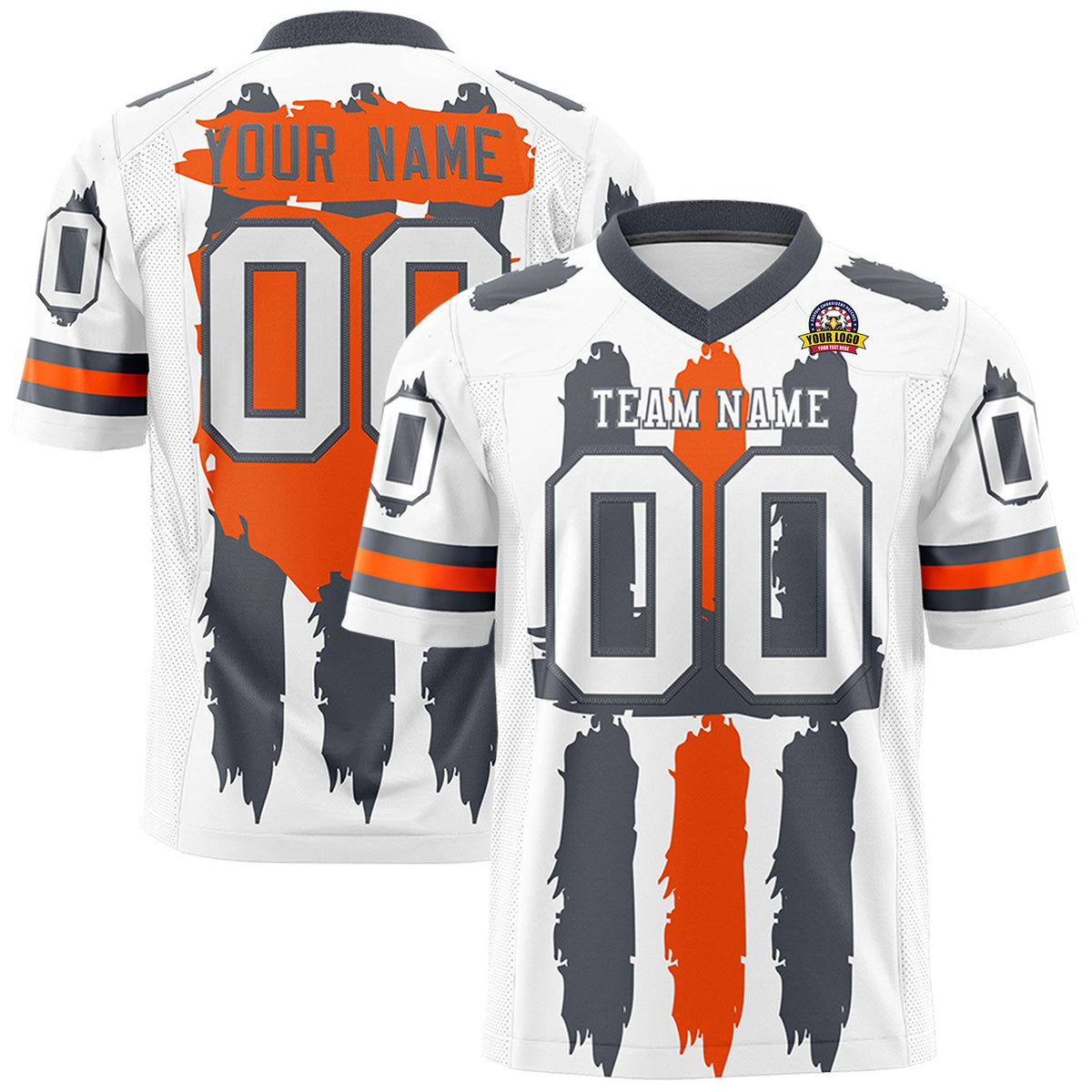 Custom White Dark Gray and Orange Graffiti Pattern Flag Football Jerseys