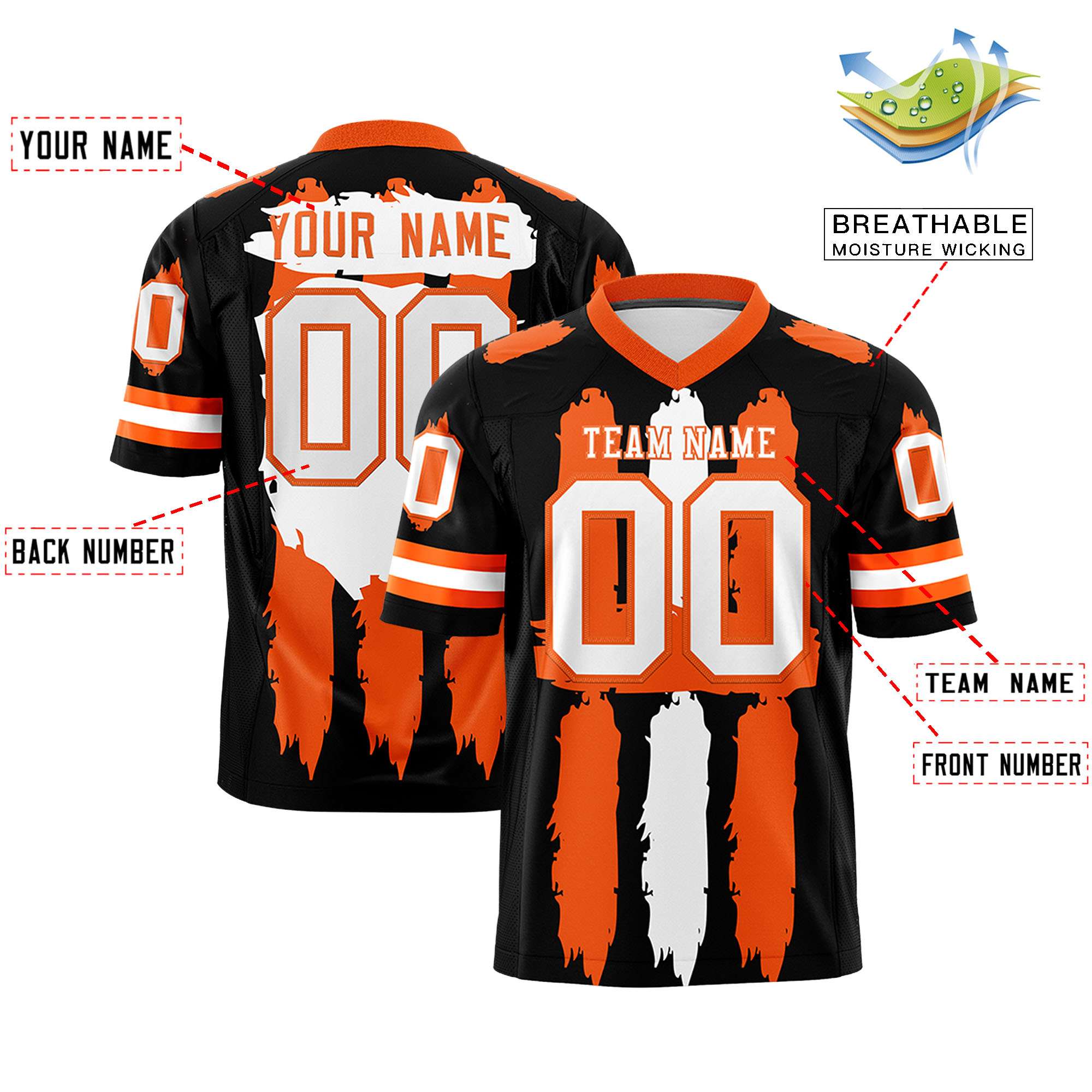 Custom Black Orange and White Graffiti Pattern Flag Football Jerseys