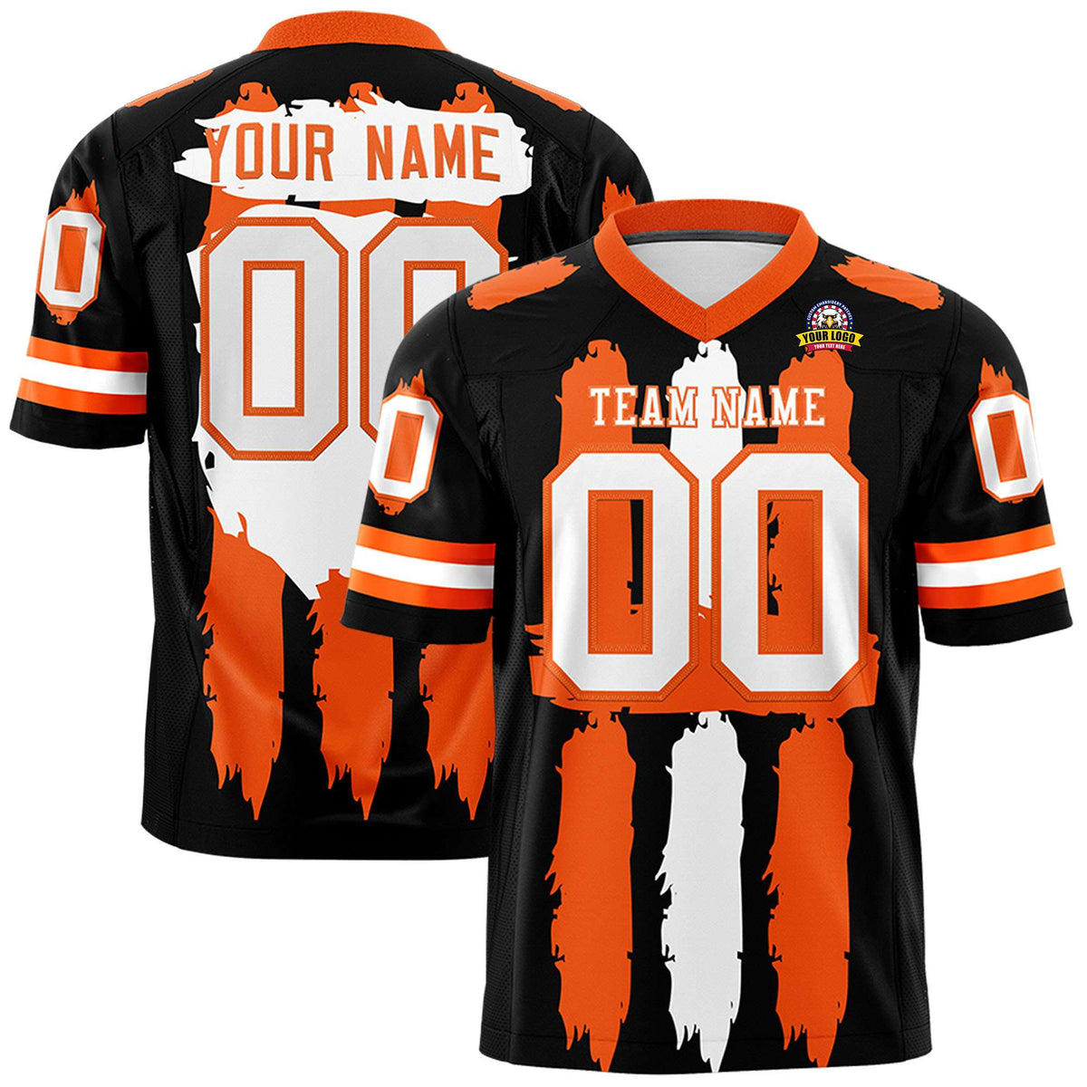 Custom Black Orange and White Graffiti Pattern Flag Football Jerseys