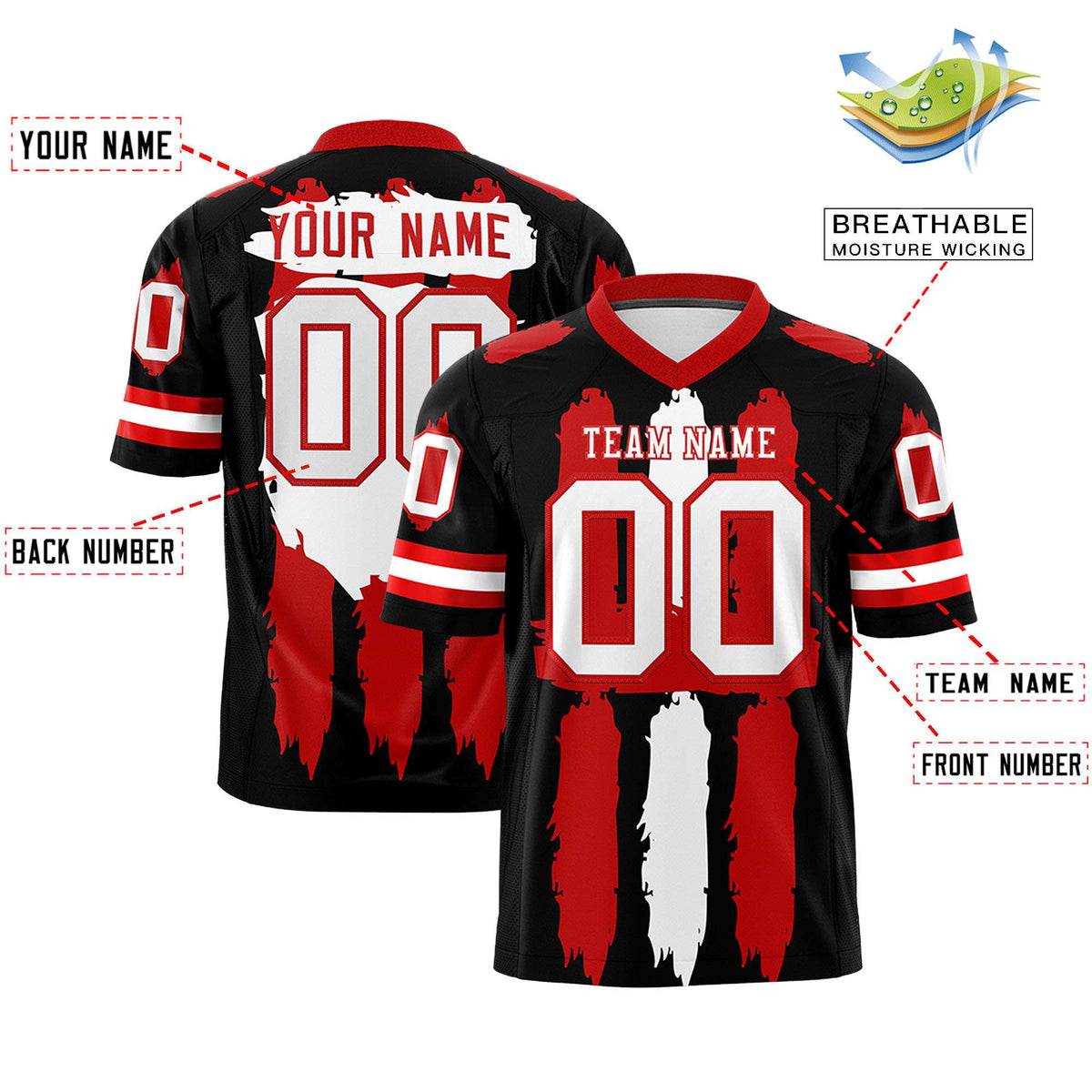 Custom Black Red and White Graffiti Pattern Flag Football Jerseys