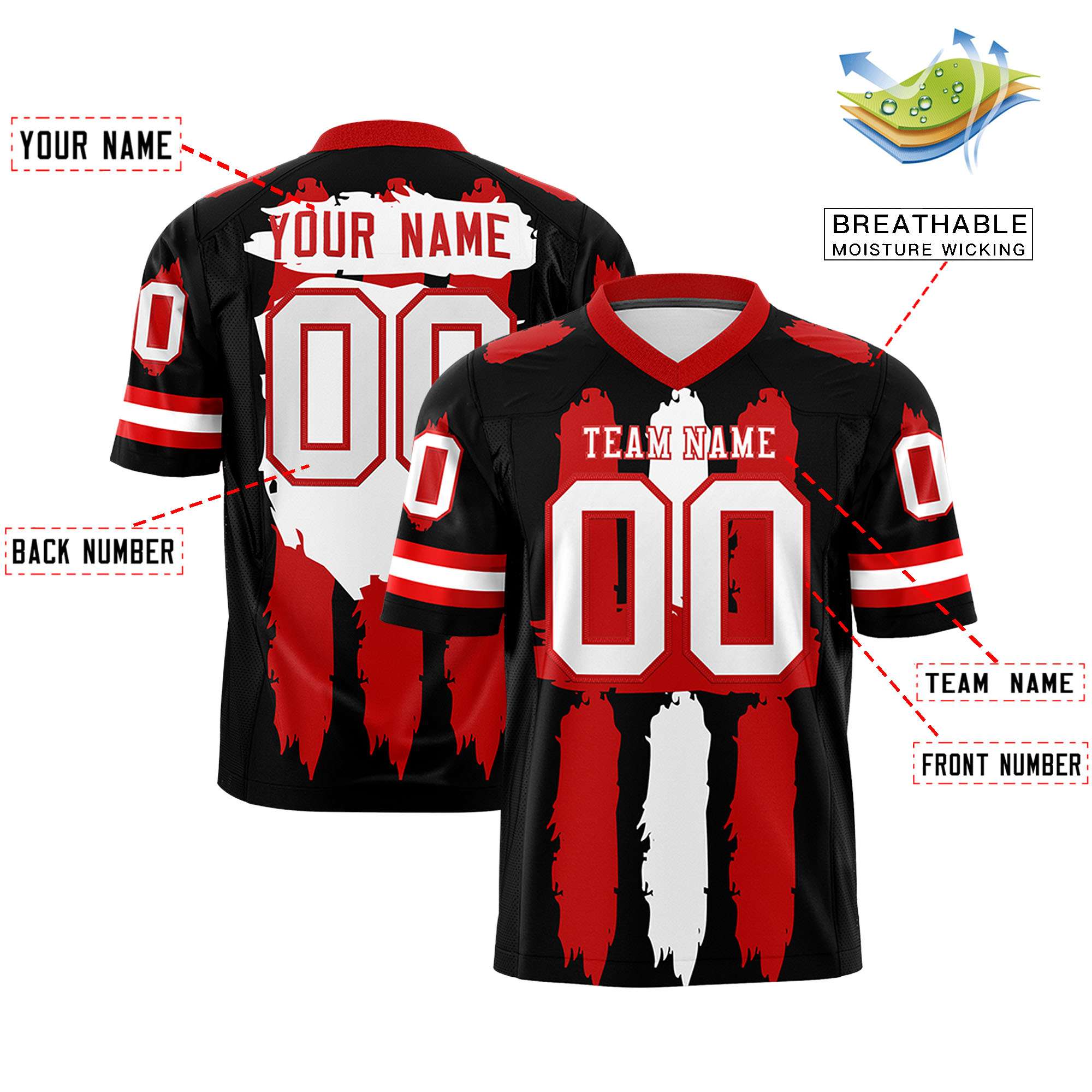 Custom Black Red and White Graffiti Pattern Flag Football Jerseys