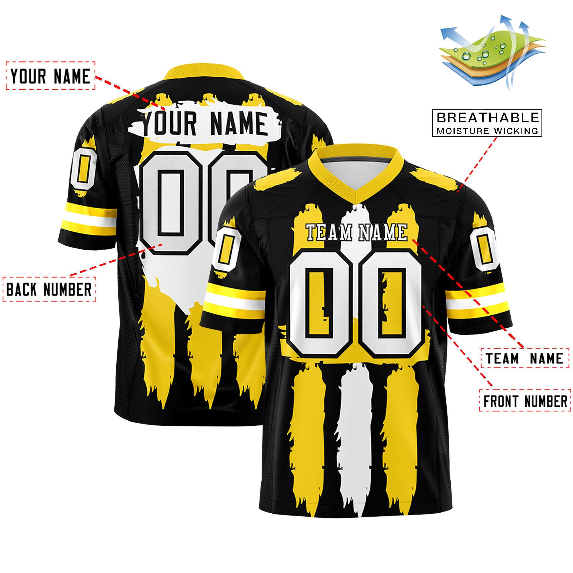 Custom Black Gold and White Graffiti Pattern Flag Football Jerseys