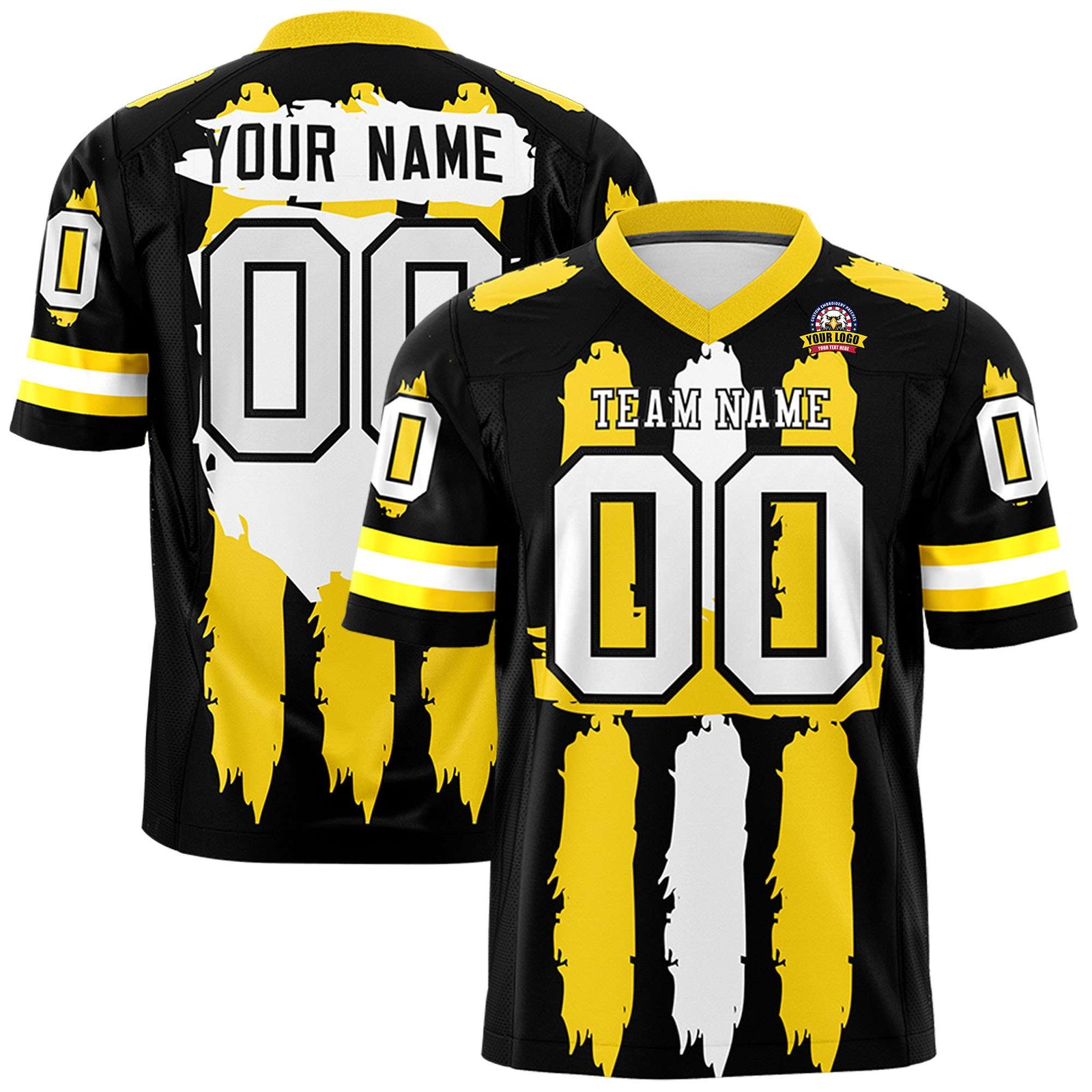 Custom Black Gold and White Graffiti Pattern Flag Football Jerseys