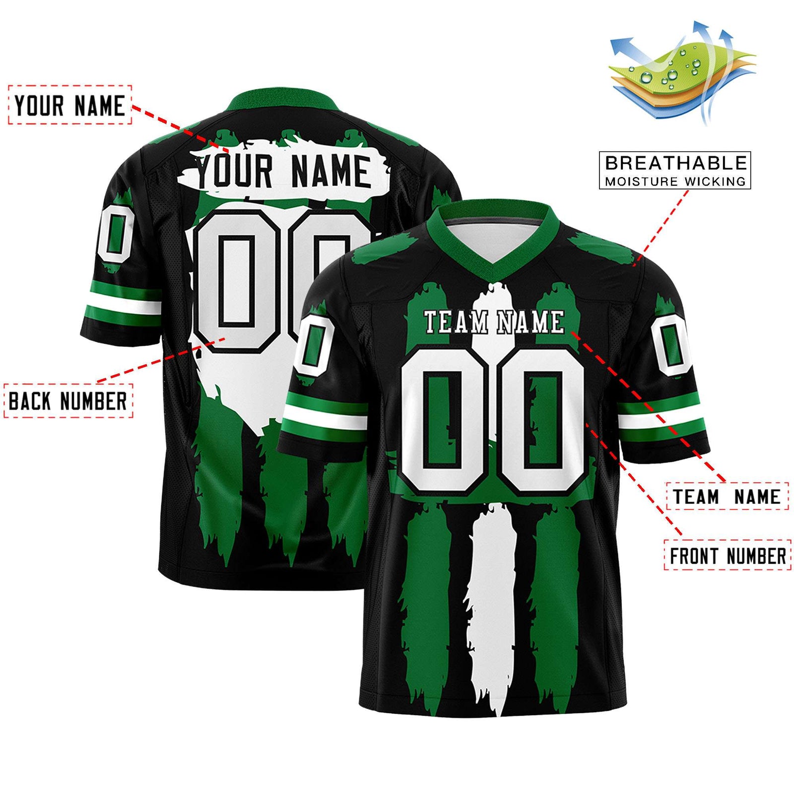 Custom Black Kelly Green and White Graffiti Pattern Flag Football Jerseys