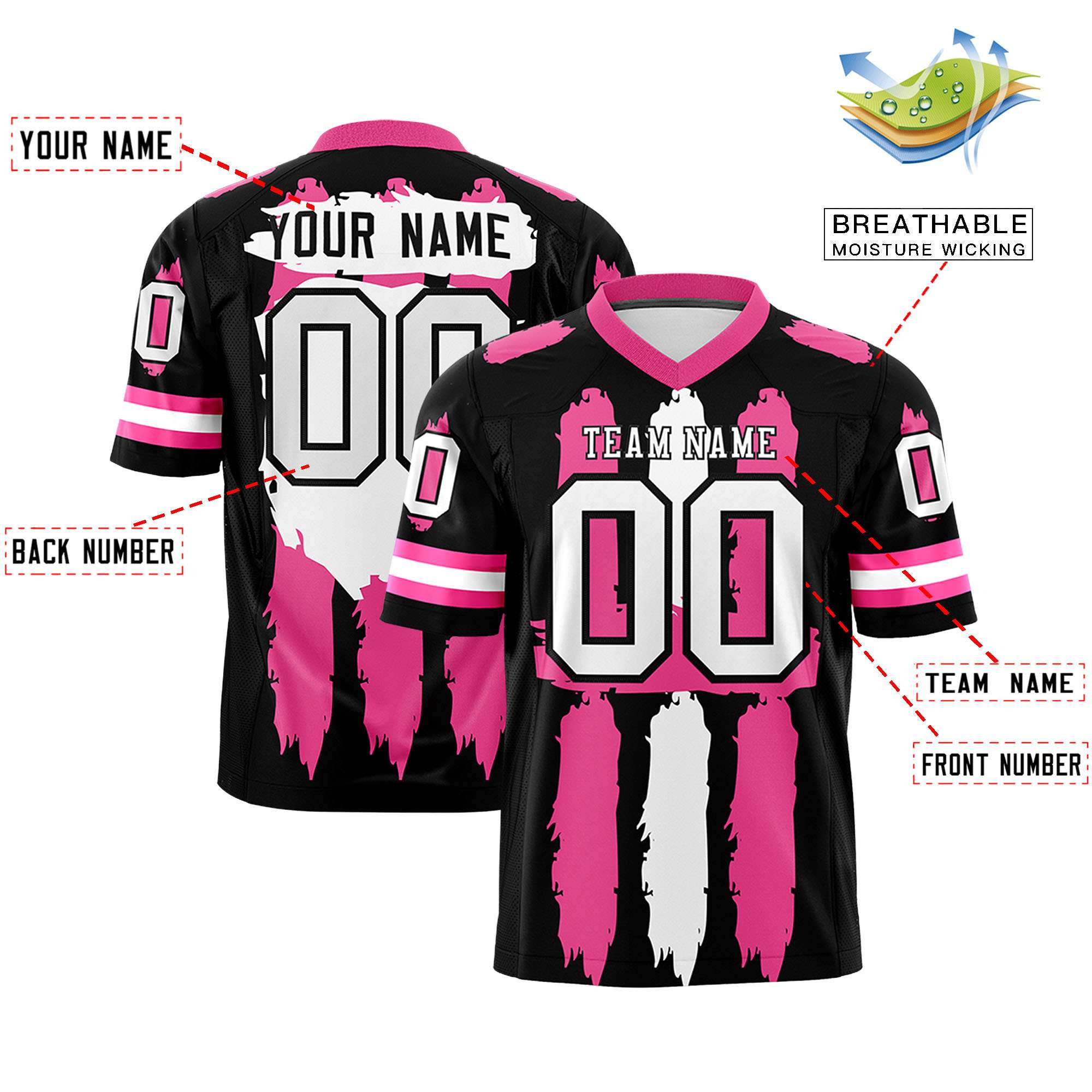 Custom Black Pink and White Graffiti Pattern Flag Football Jerseys