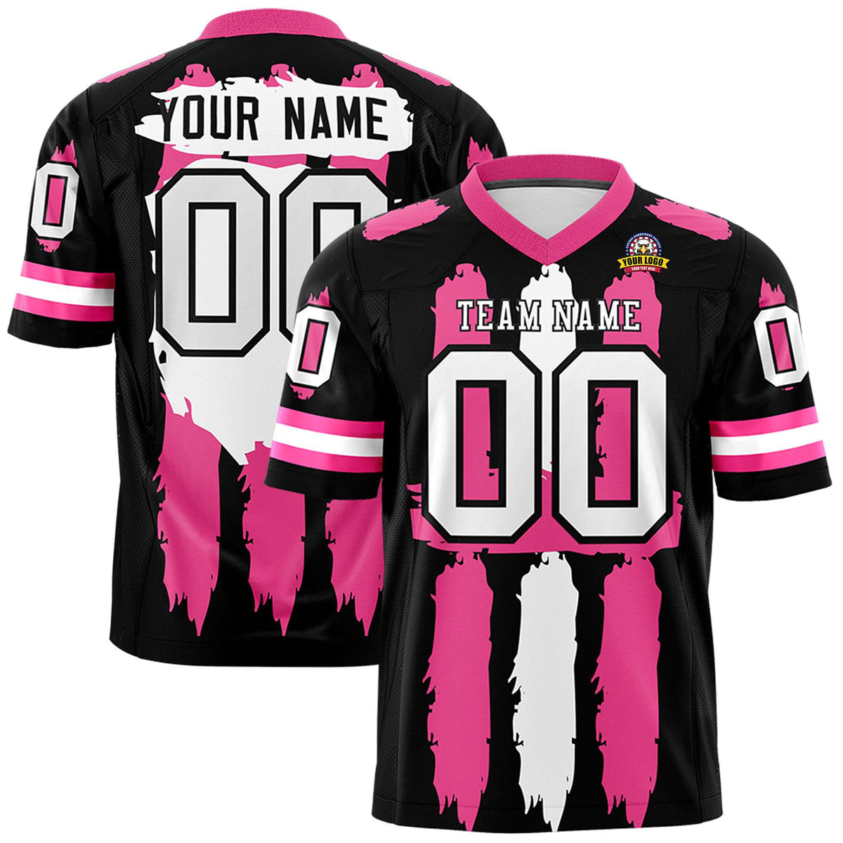 Custom Black Pink and White Graffiti Pattern Flag Football Jerseys