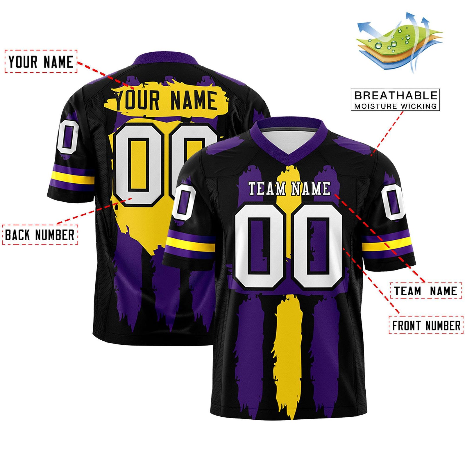 Custom Black Purple and Gold Graffiti Pattern Flag Football Jerseys