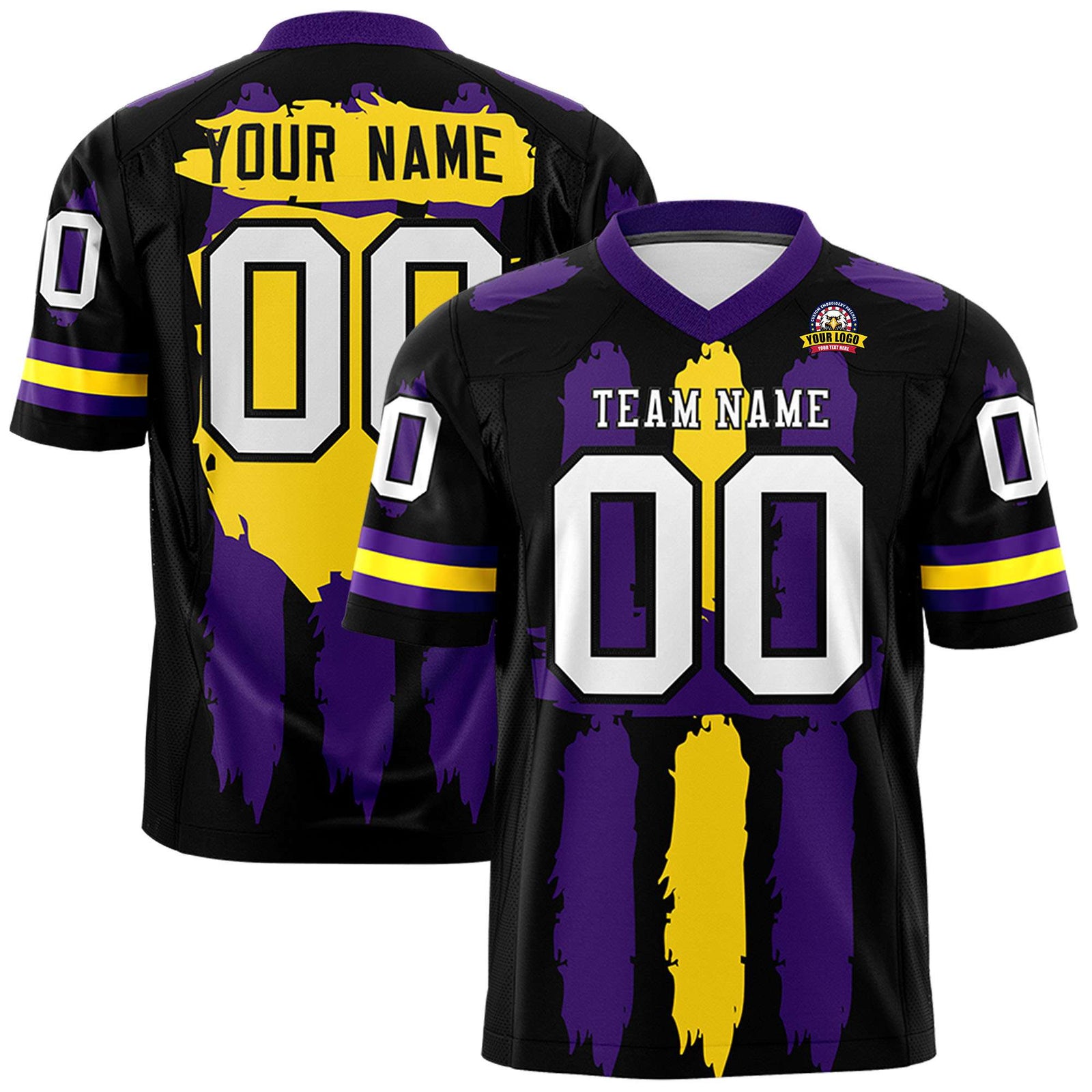 Custom Black Purple and Gold Graffiti Pattern Flag Football Jerseys